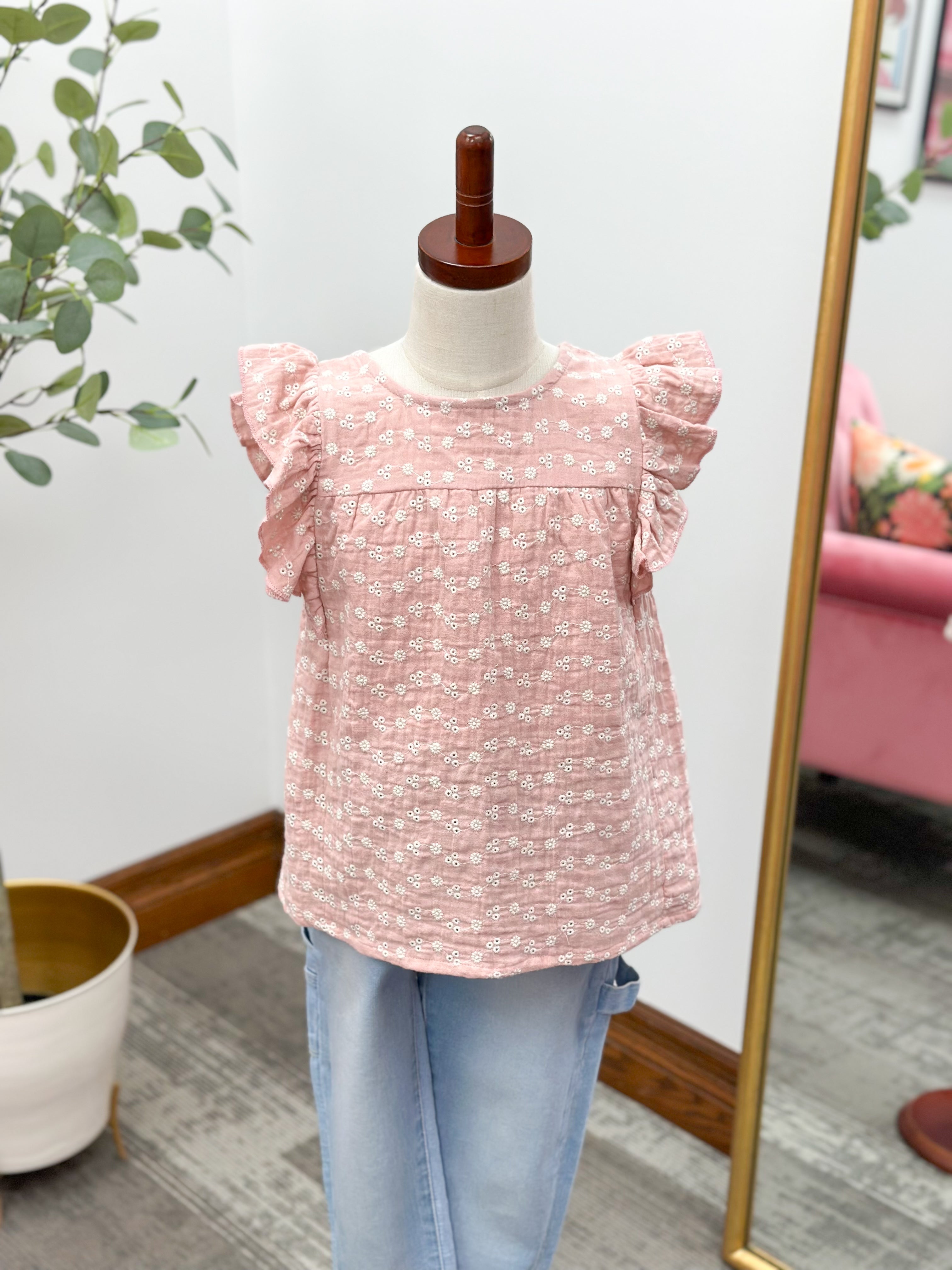 Girls Eyelet Ruffle Sleeve Top