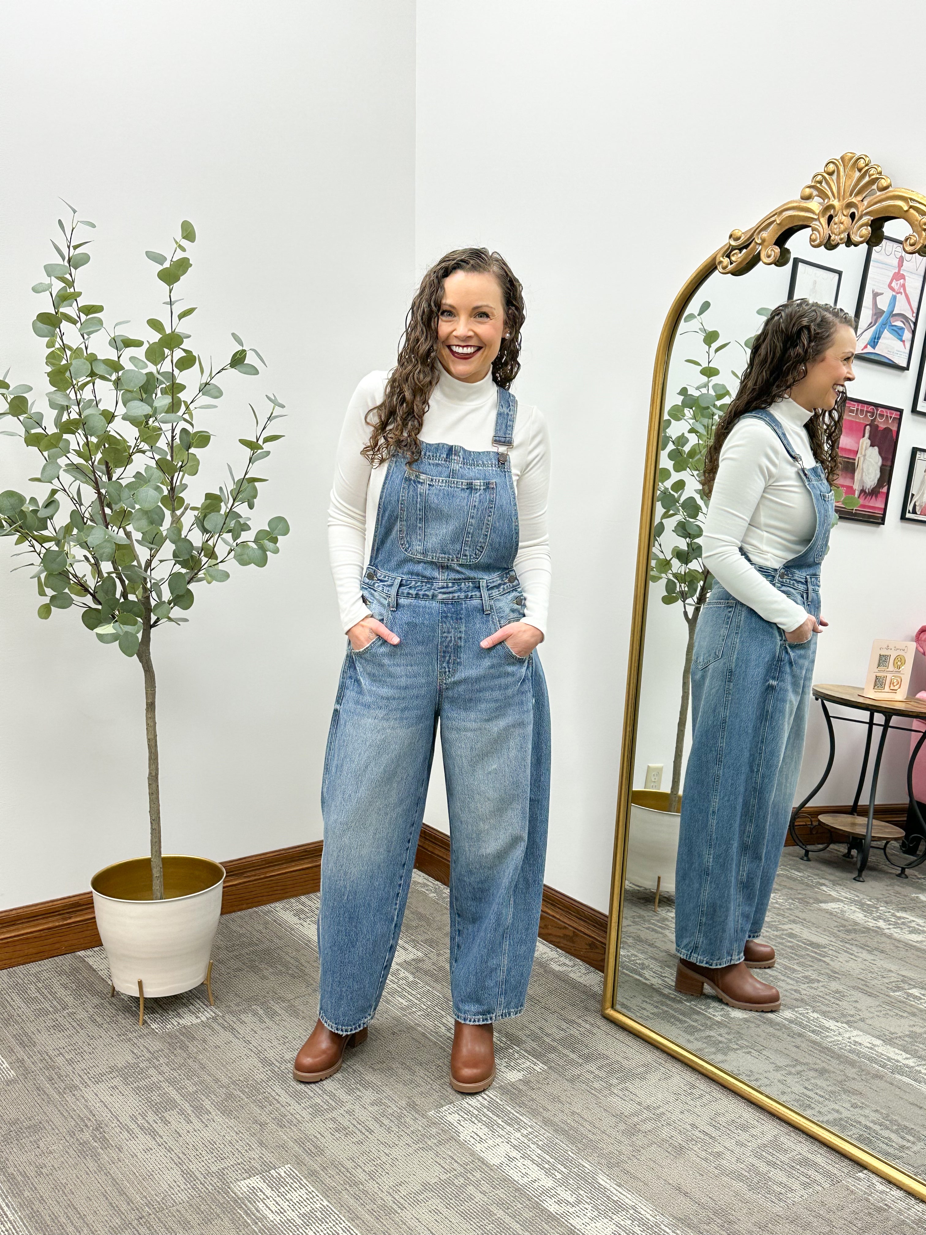 Medium Wash Denim Barrel Overalls