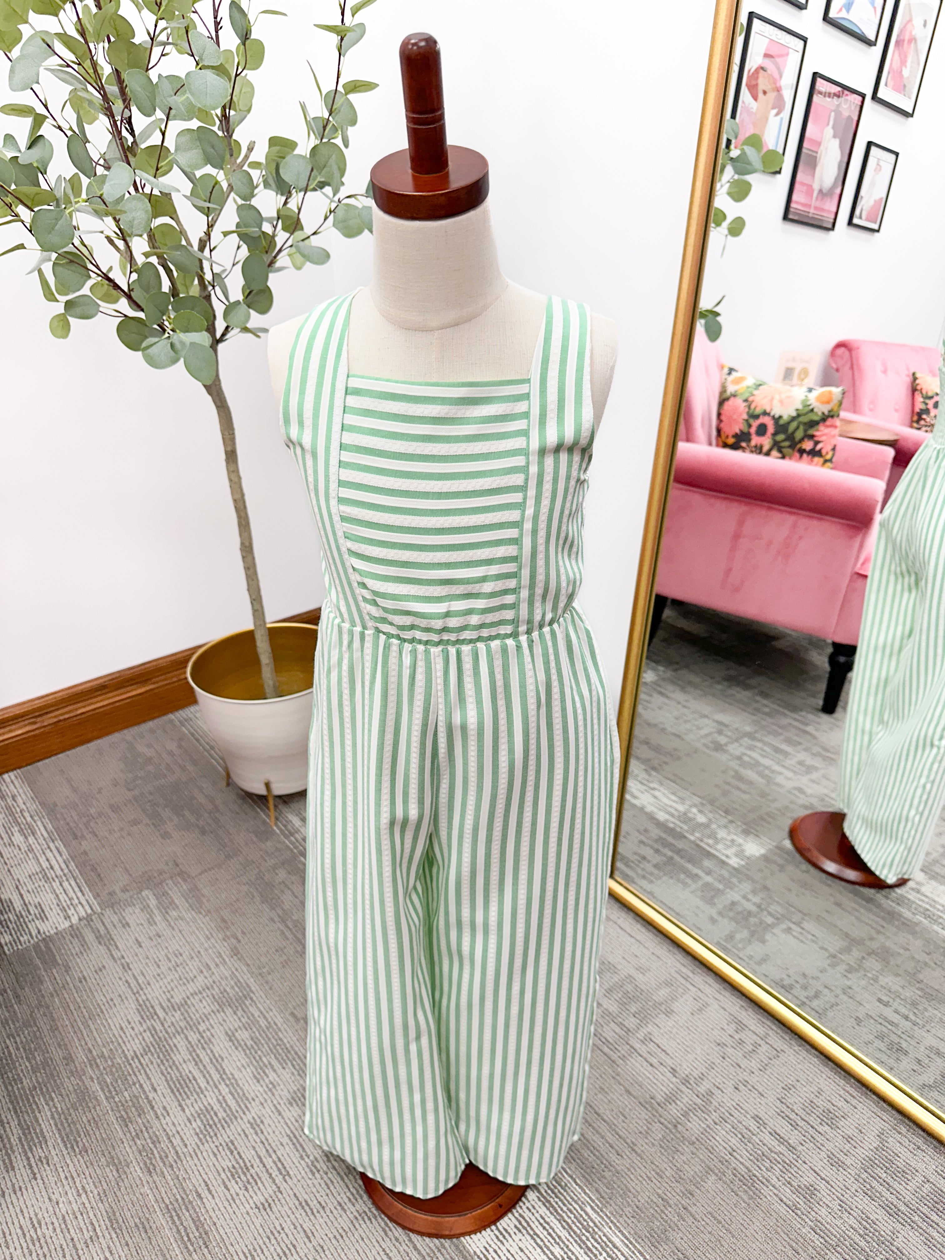 Girls Green Striped Jumpsuit