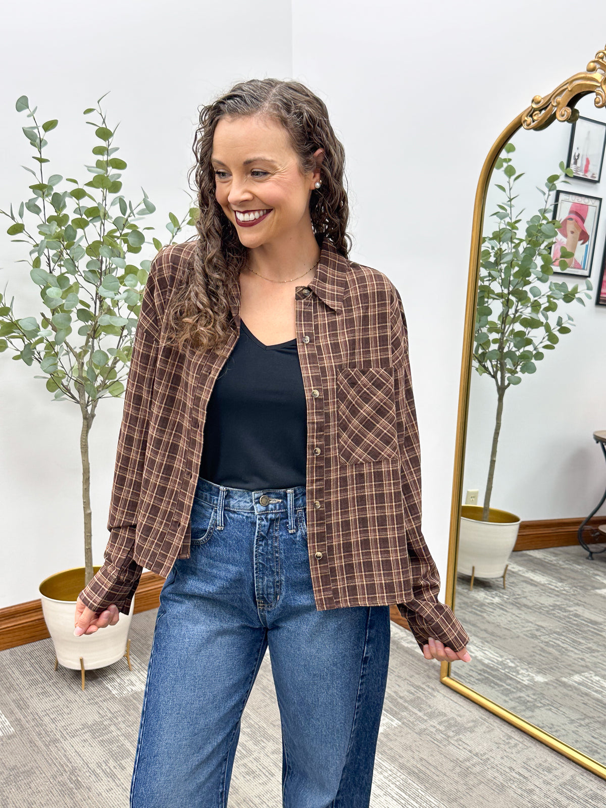 Brown Plaid Cotton Button Up Shirt