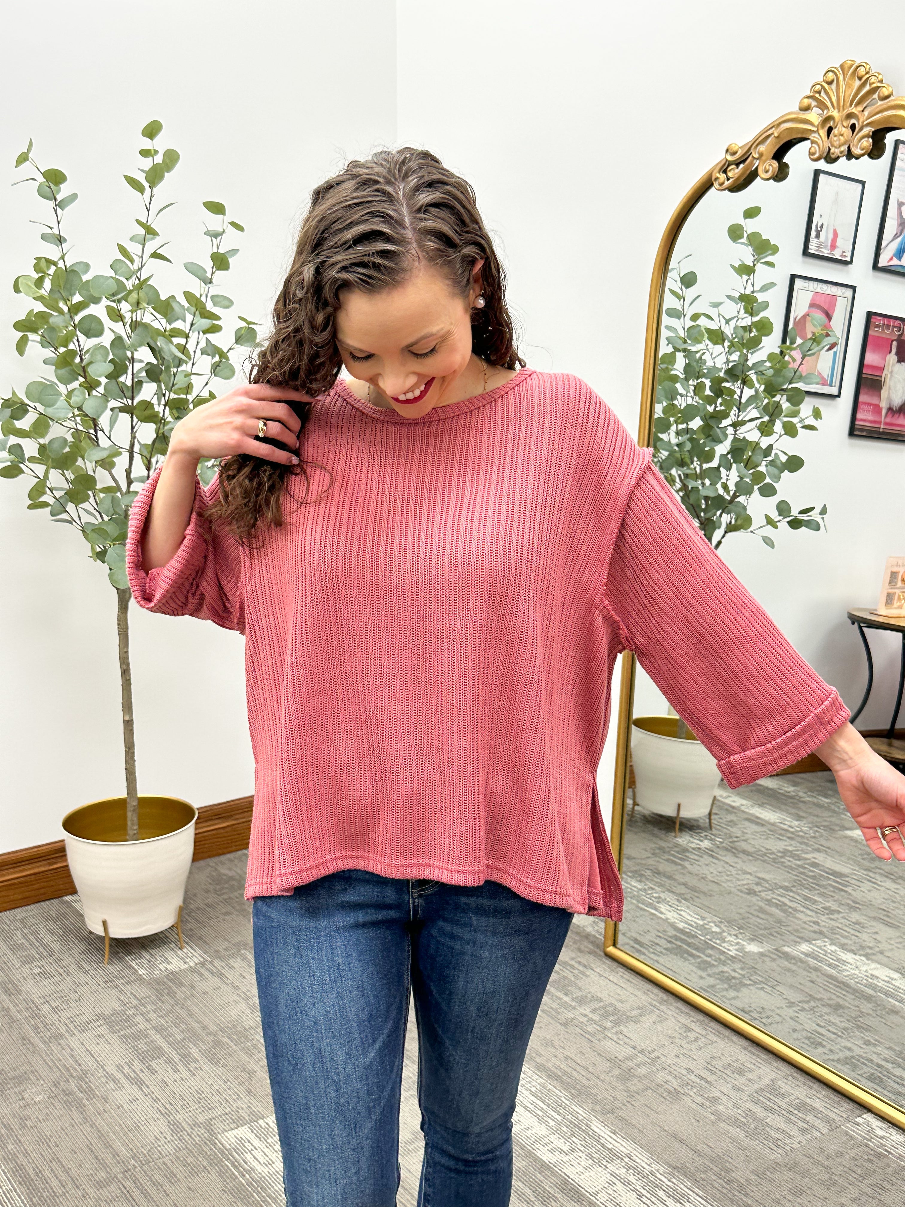 Oversized 3/4 Sleeve Mauve Knit Top