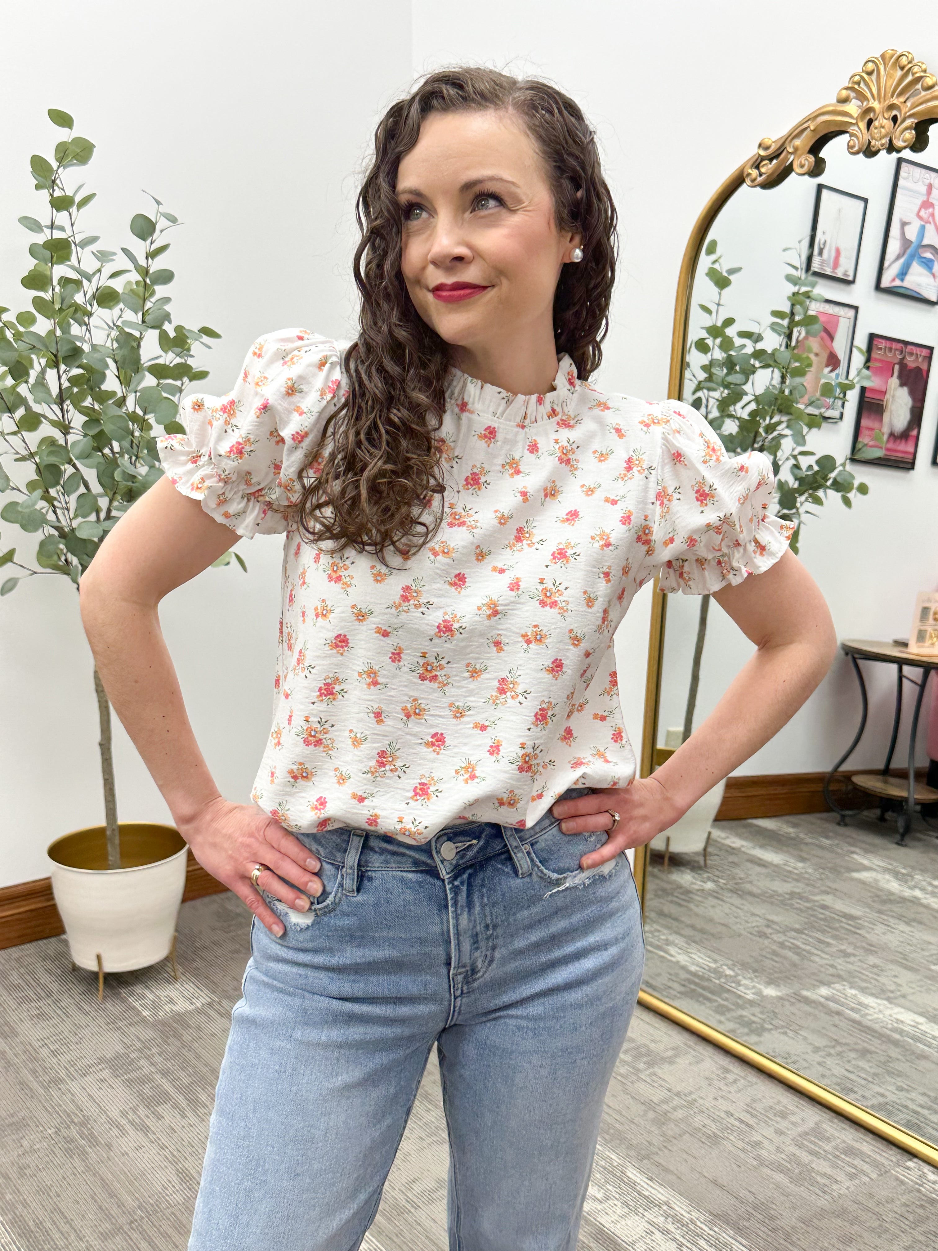 Floral Mock Neck Puff Sleeve Top