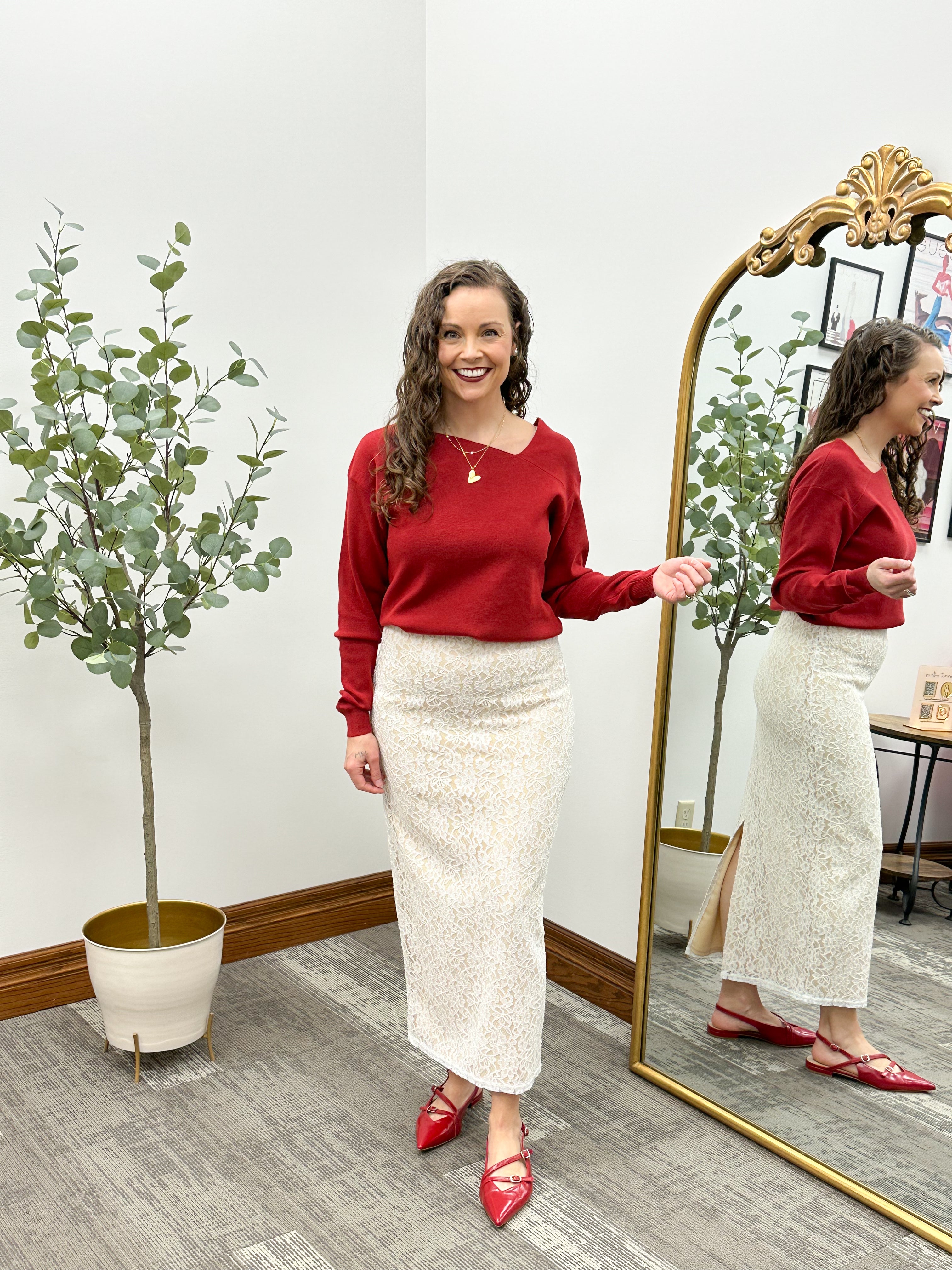 Red Asymmetric Neckline Sweater