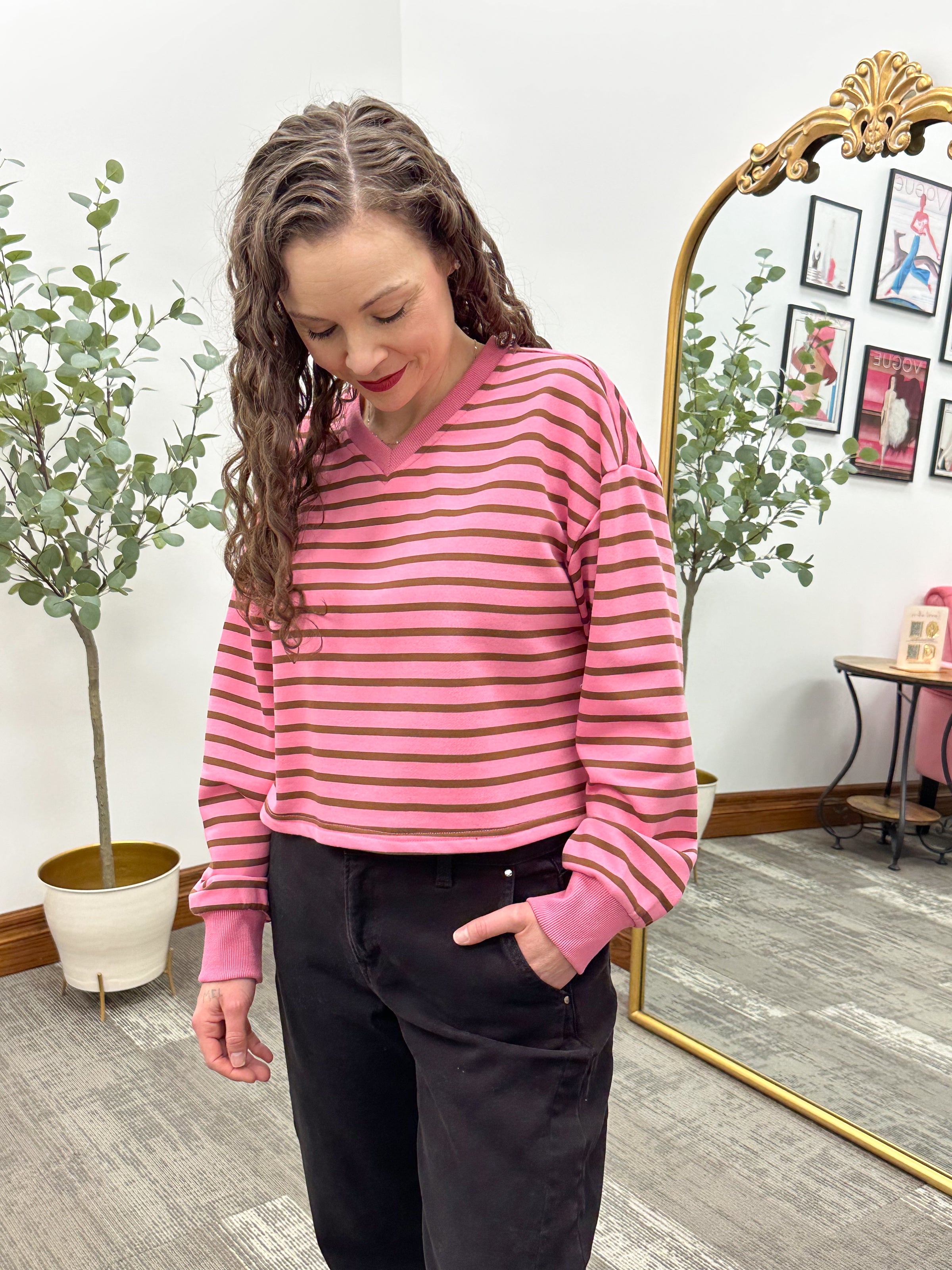Pink and Brown Striped French Terry Top