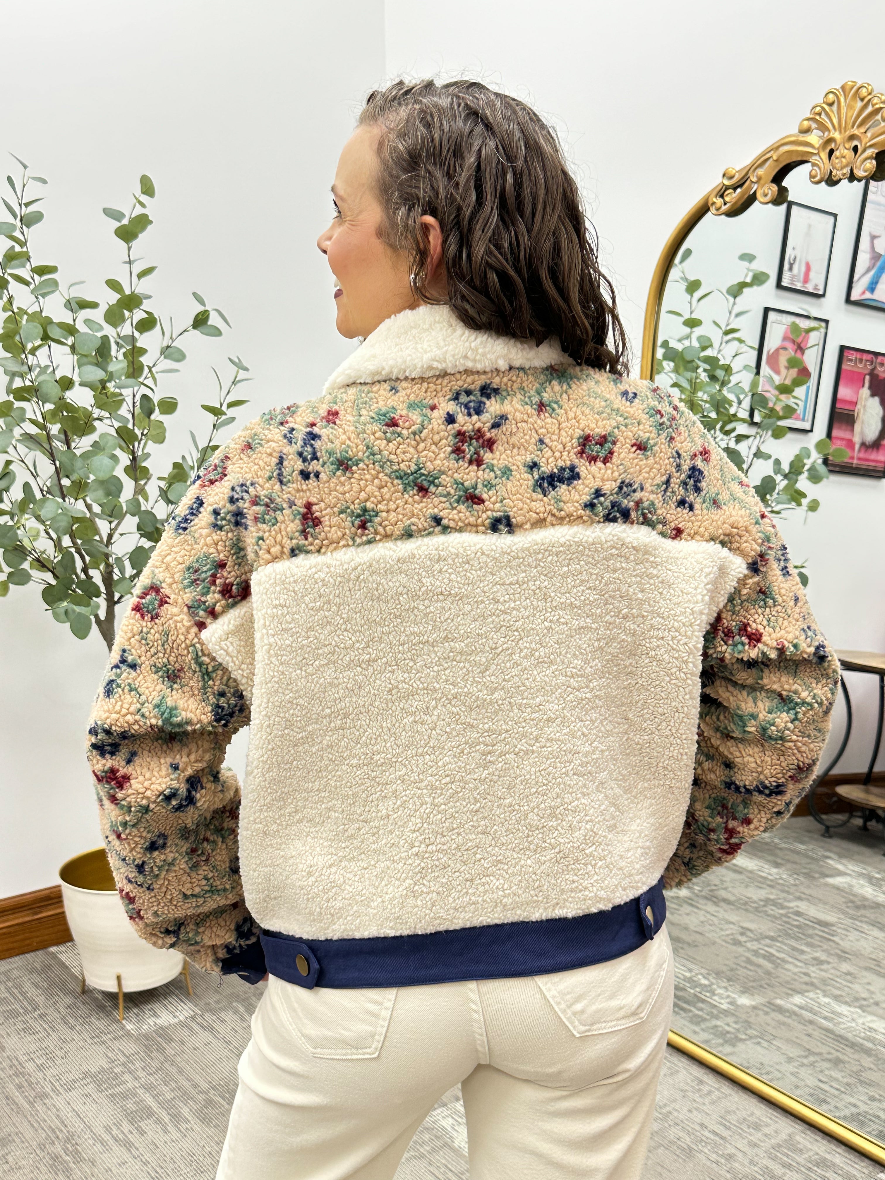 Floral Sherpa Button Up Bomber Jacket