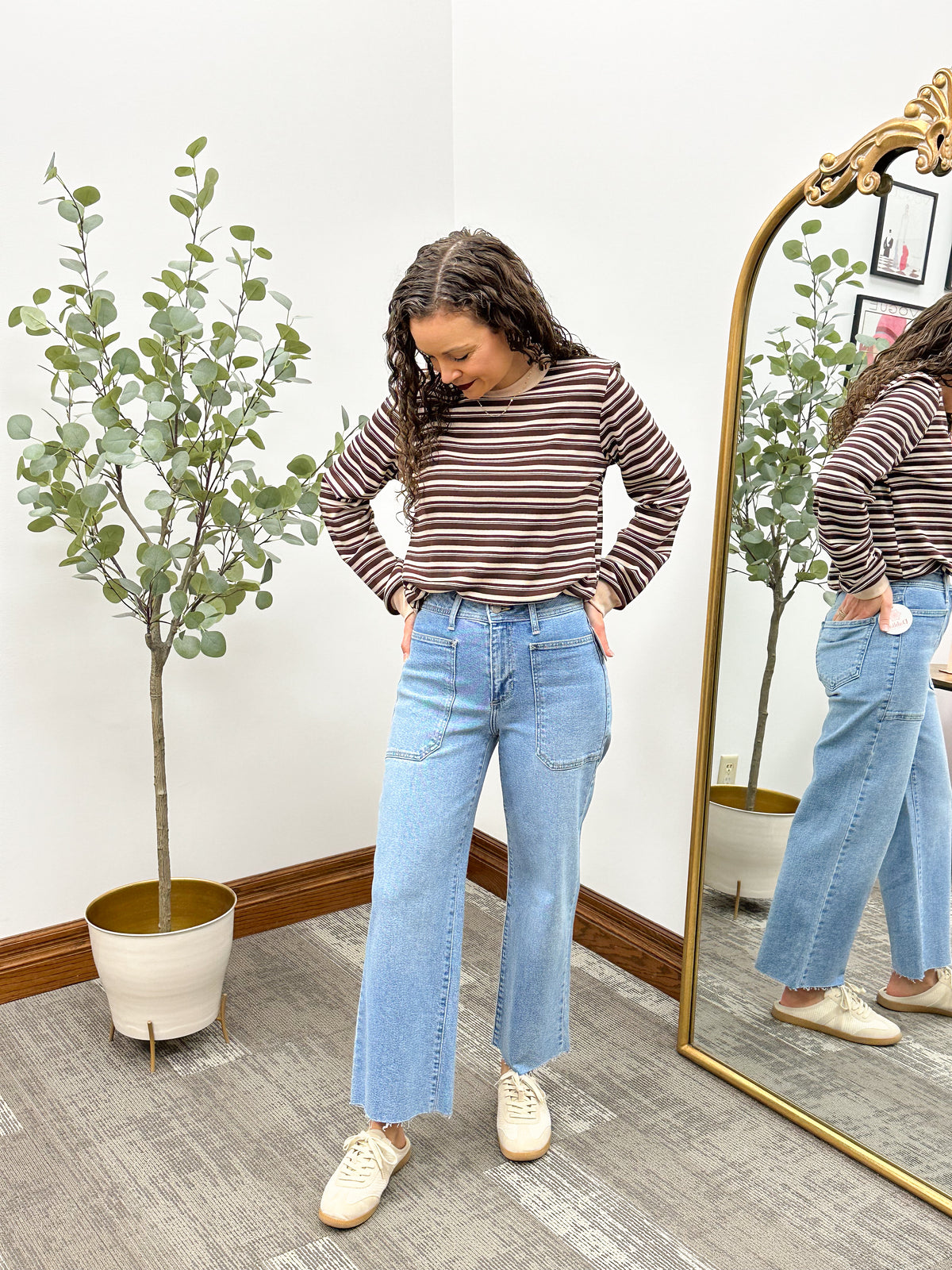 Brown Multi Stripe Textured Long Sleeve Top