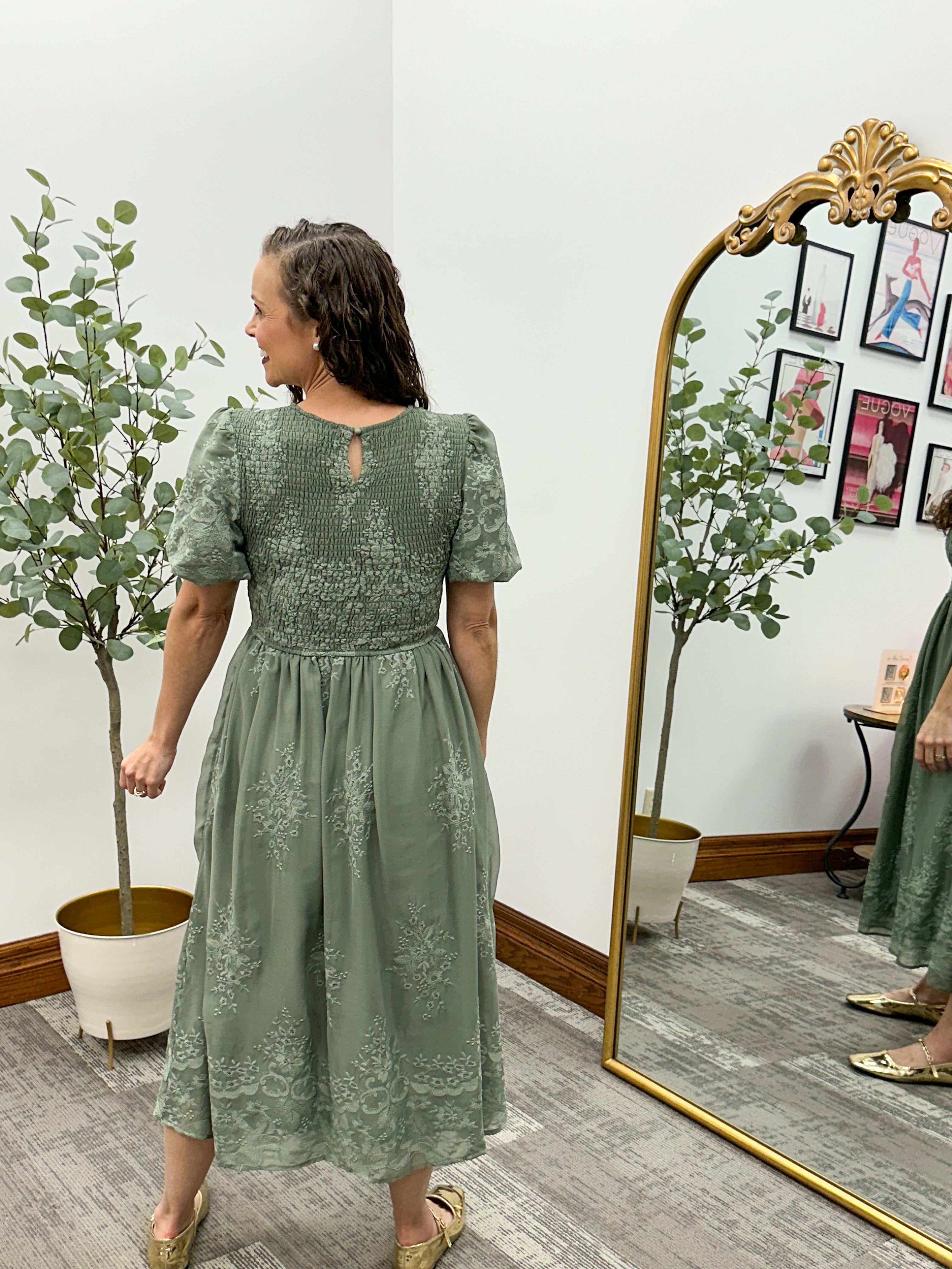 Olive Floral Embroidered Midi Dress