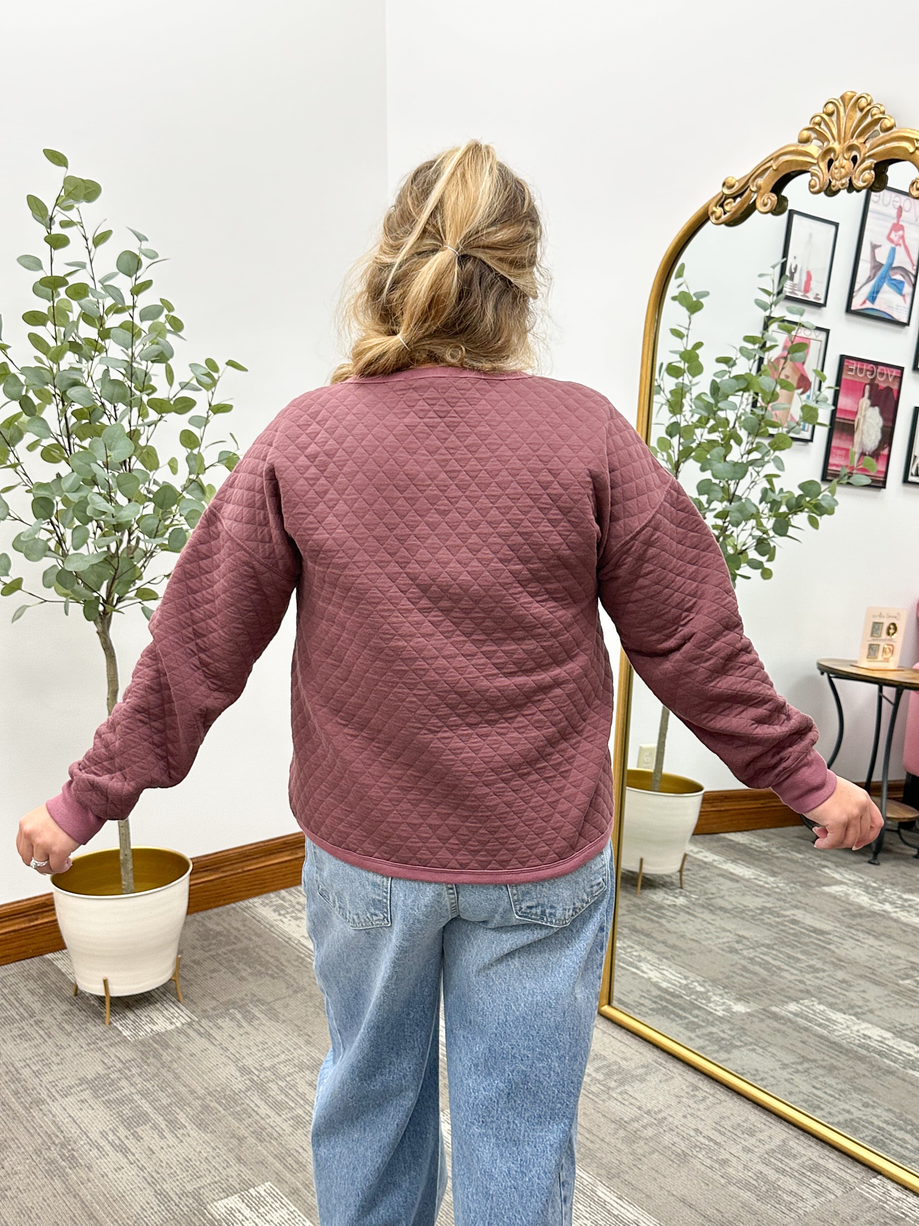 Plum Quilted Button Pullover