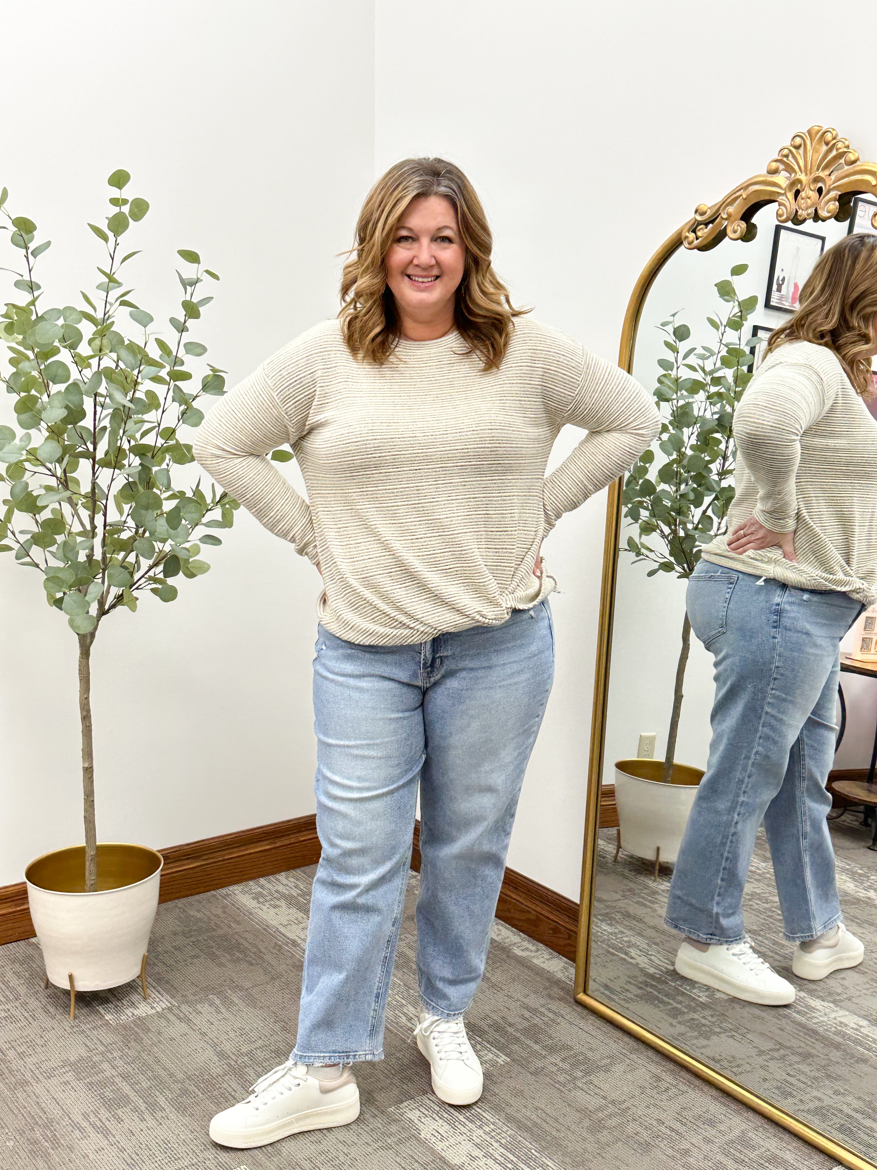 Long Sleeve Twist Hem Striped Top