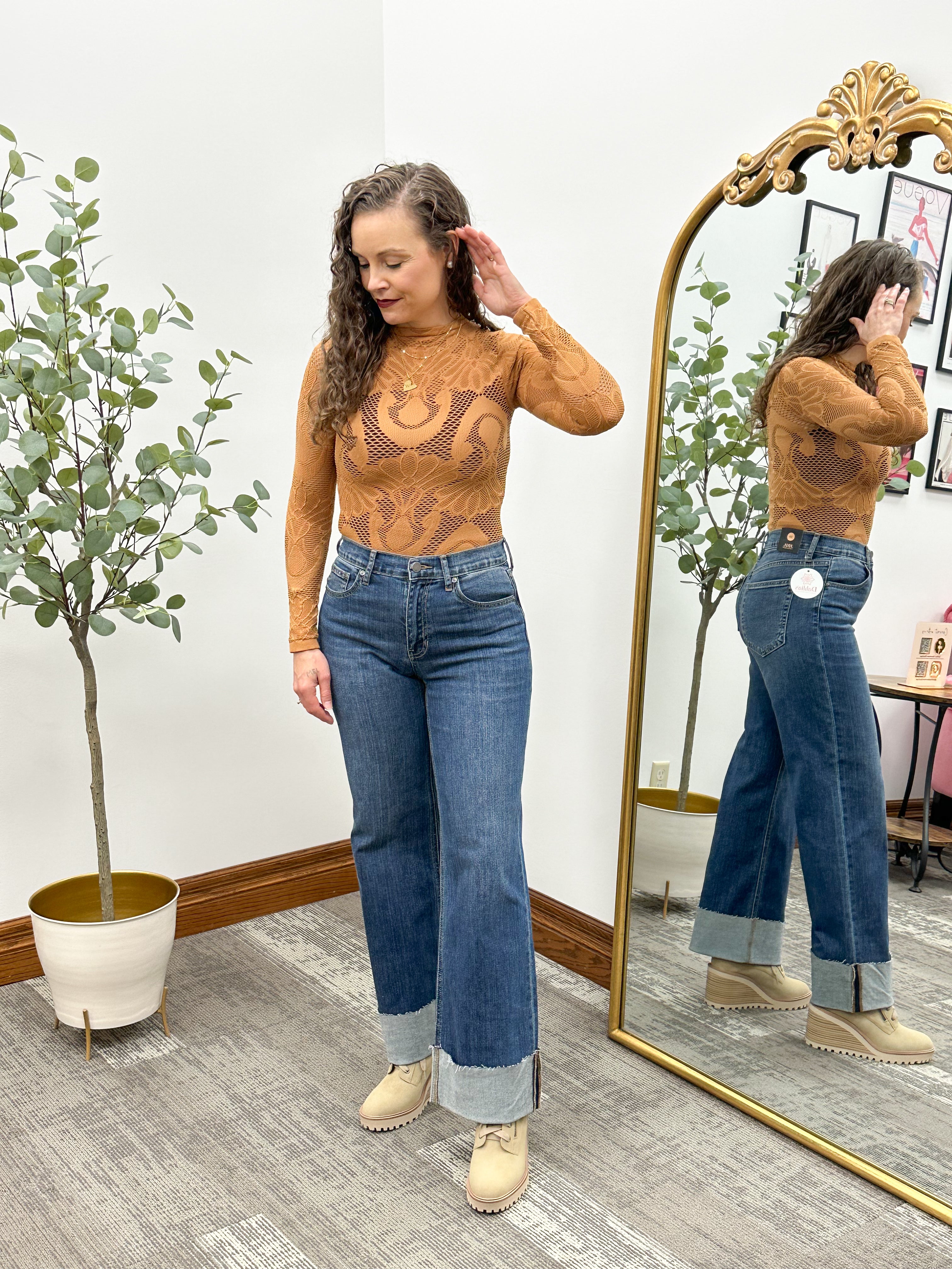 Seamless Floral Mesh Mock Neck Long Sleeve Top