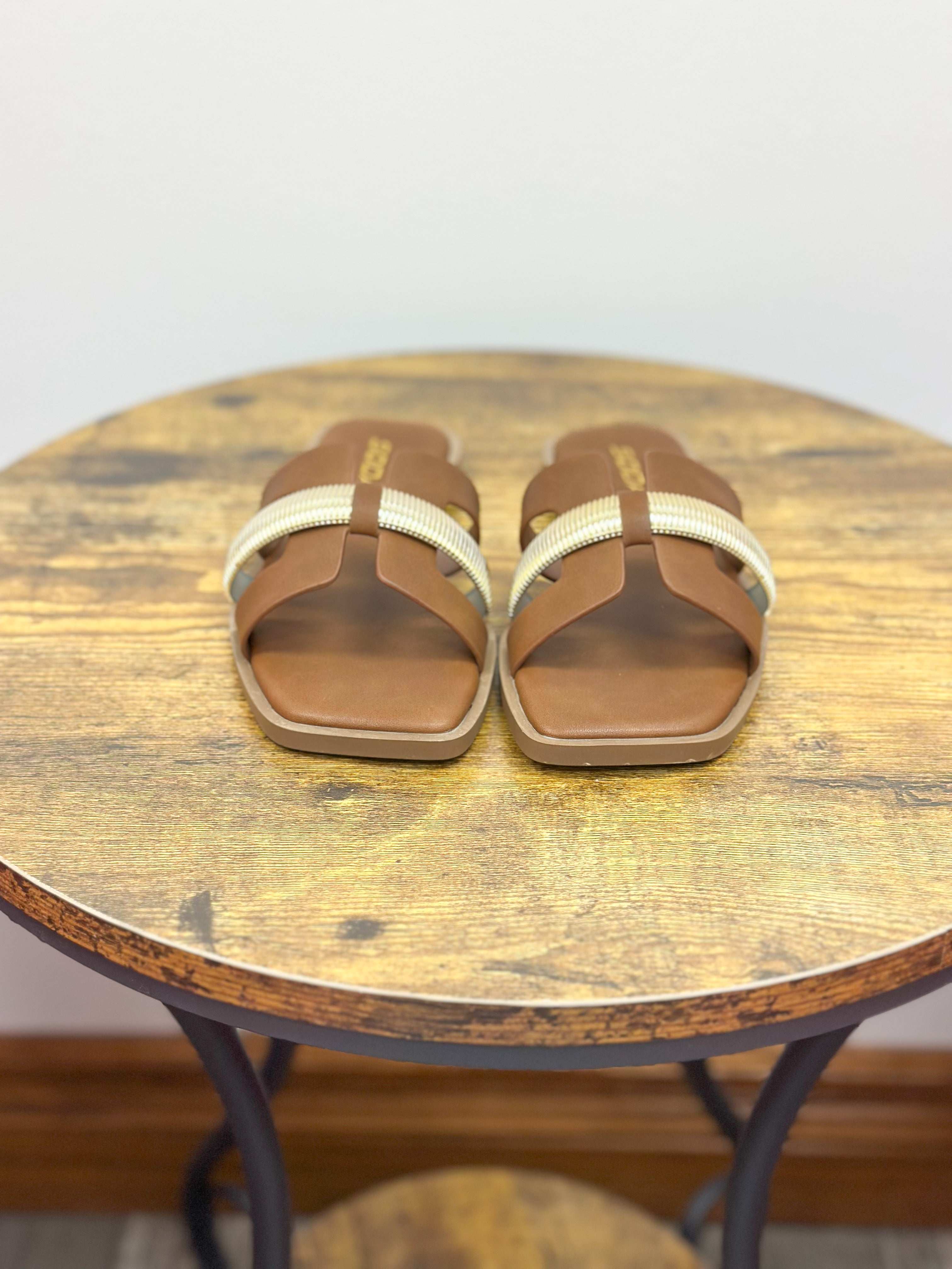 Lita Brown & Gold Flat Sandals
