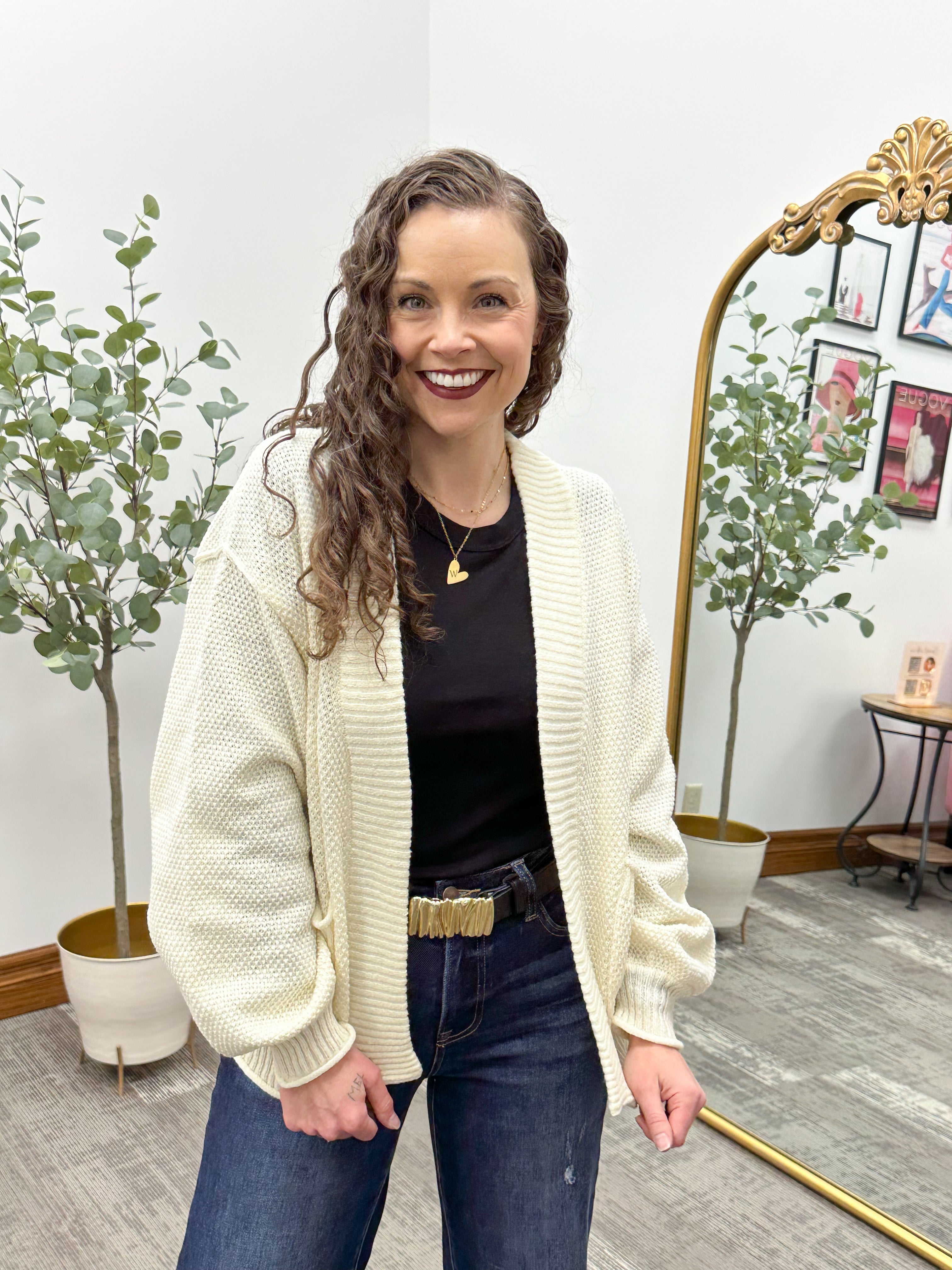 Cream Waffle Knit Front Pocket Cardigan