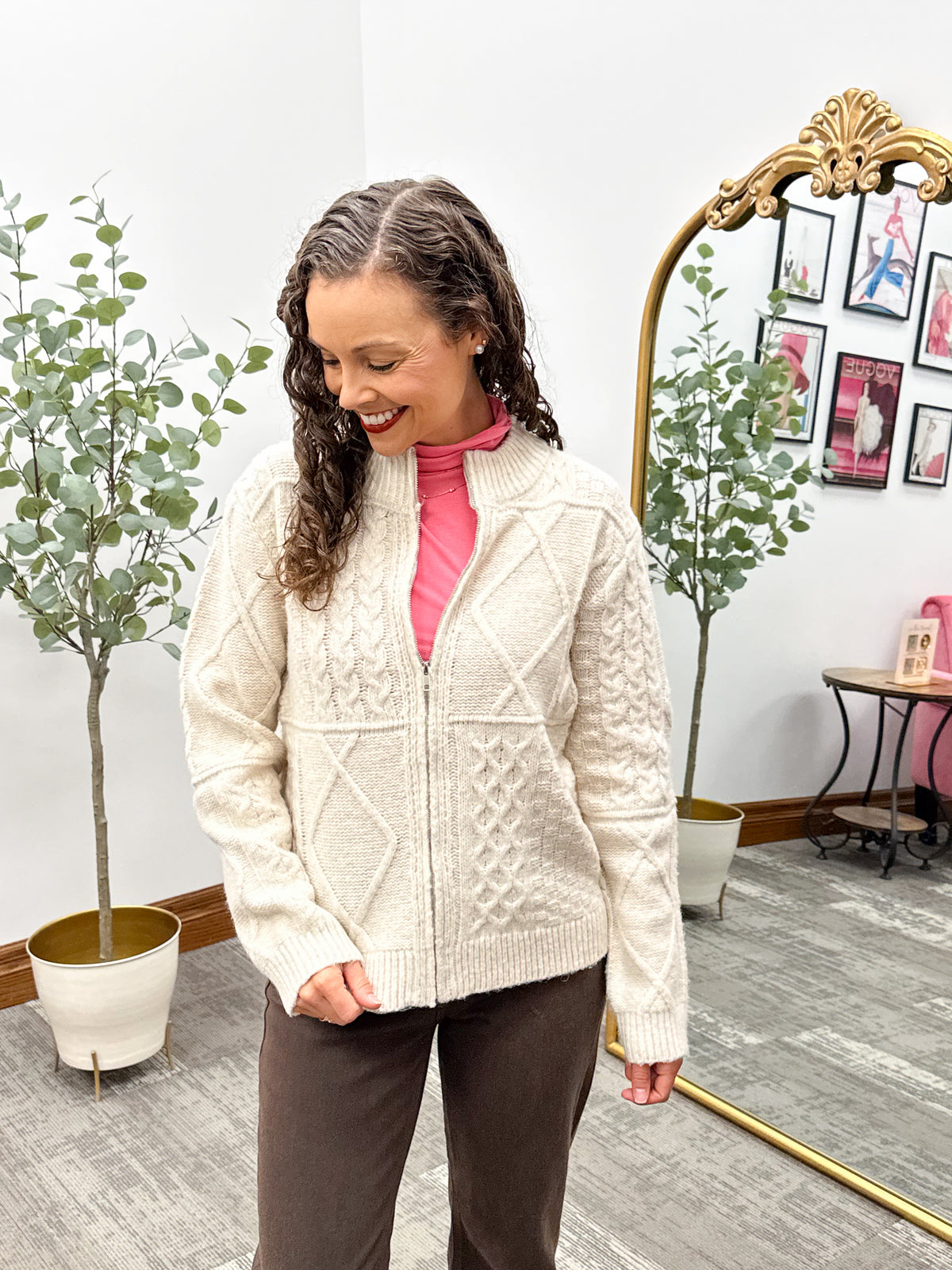 Neutral Cable Knit Zip Up Cardigan