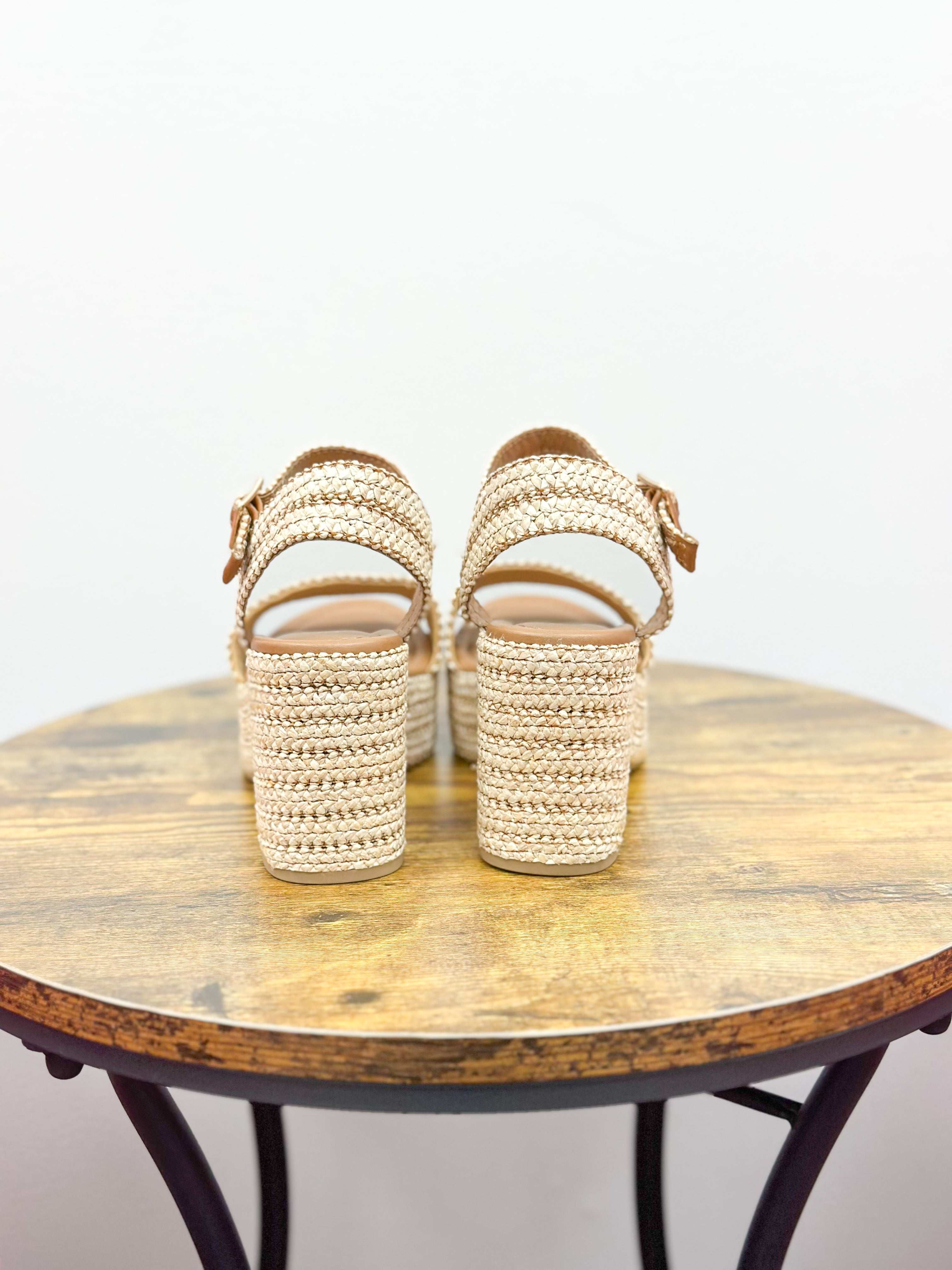 Beige Raffia Block Heel Sandals