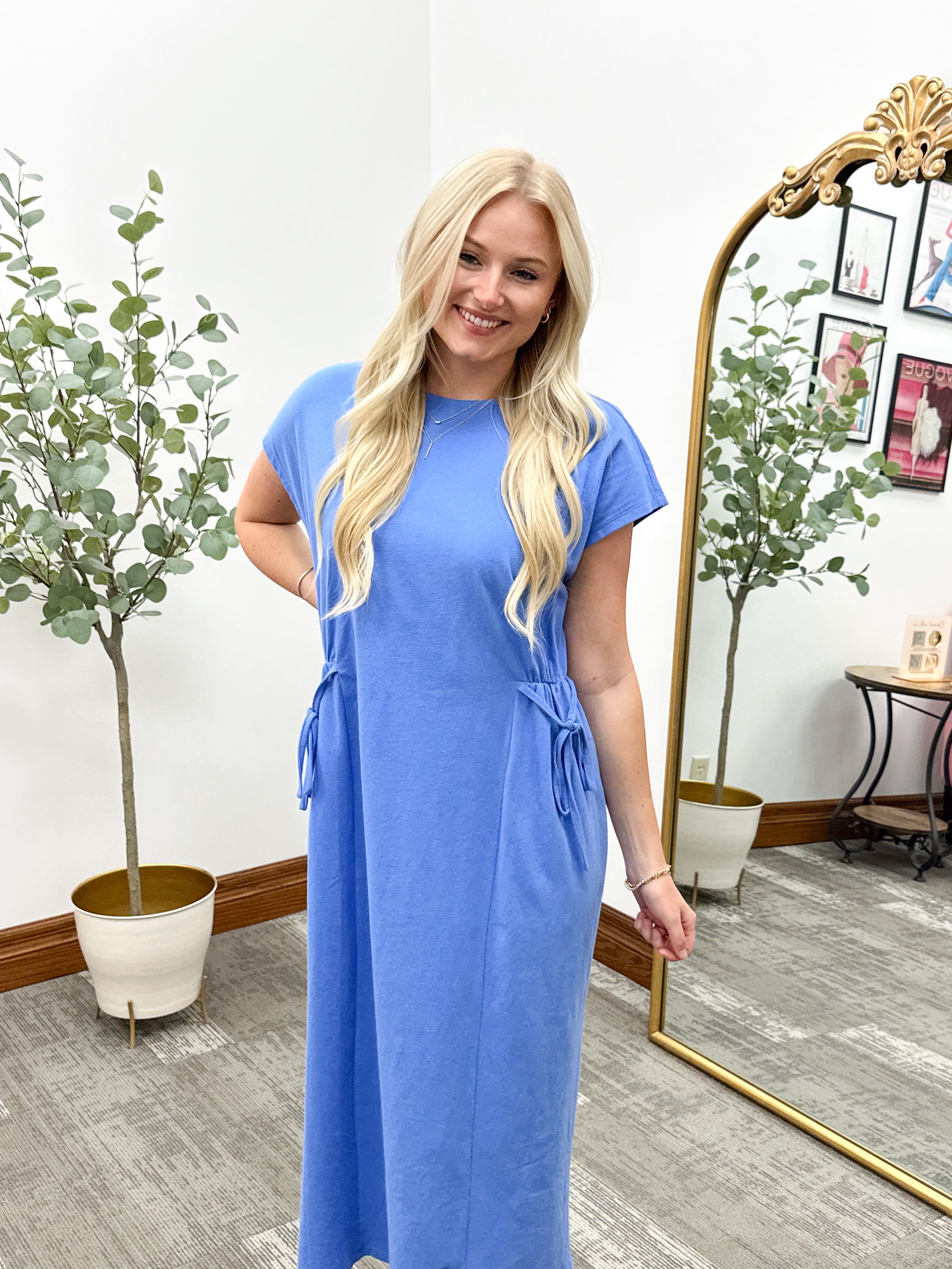 Blue Side Tie Cotton Midi Dress