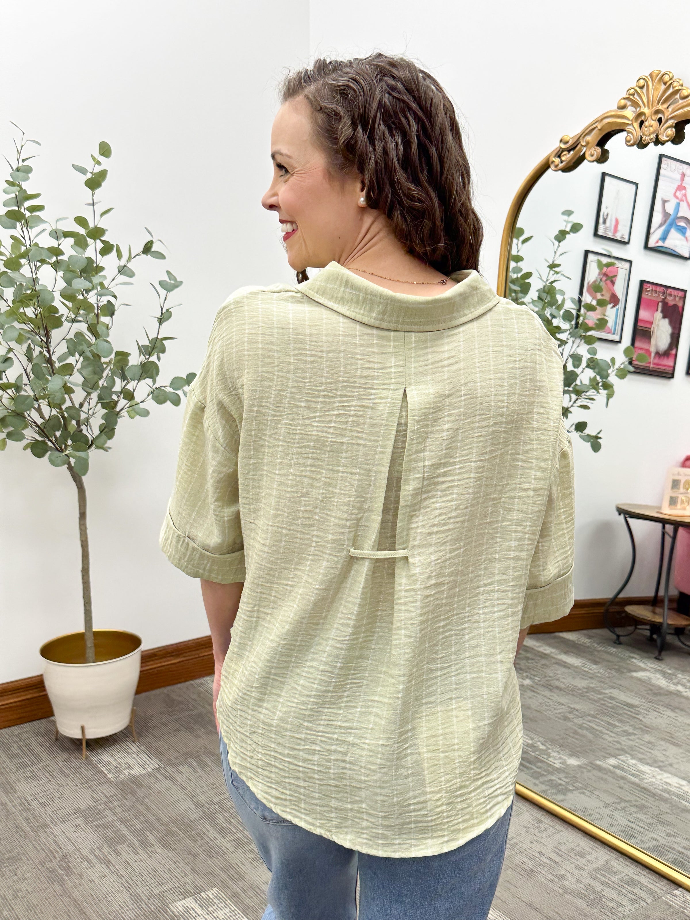 Sage & White Striped Button Up Top