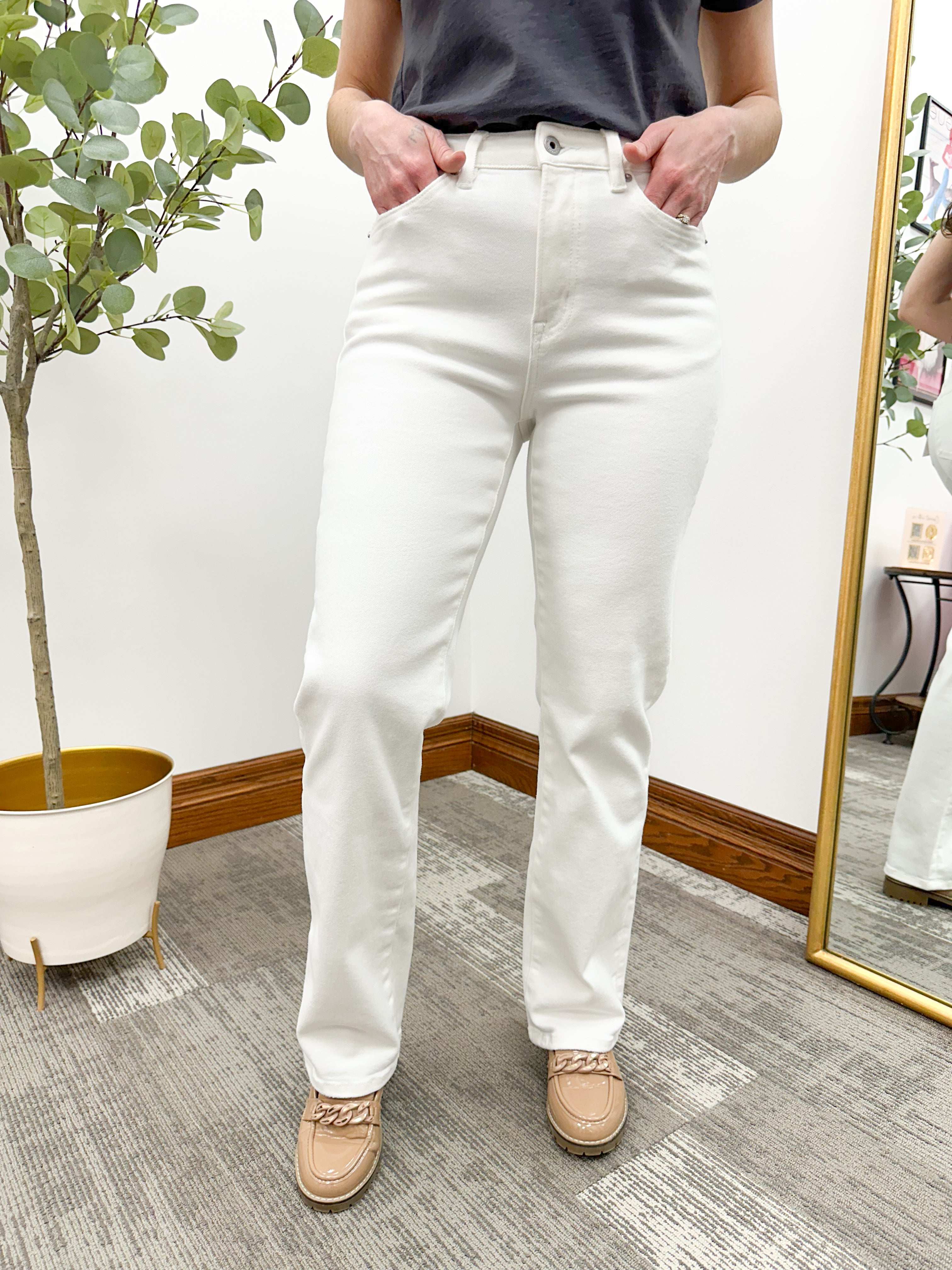 Off White High Rise Straight Leg Jeans