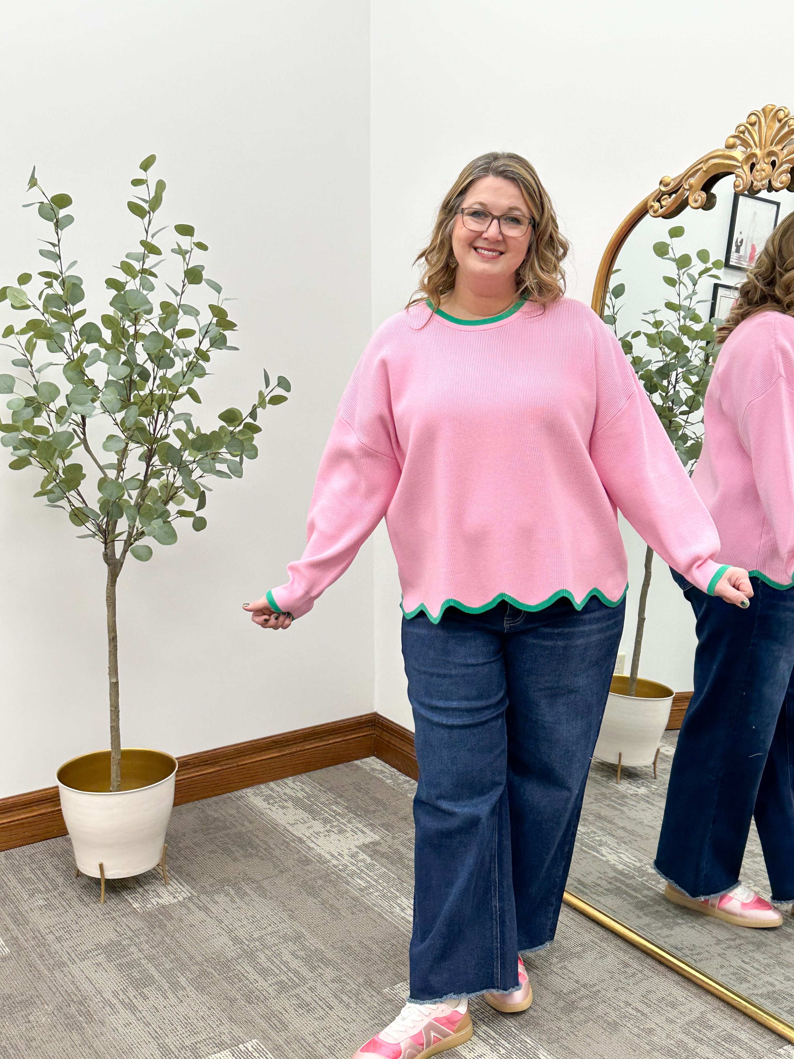 Pink & Green Scalloped Sweater