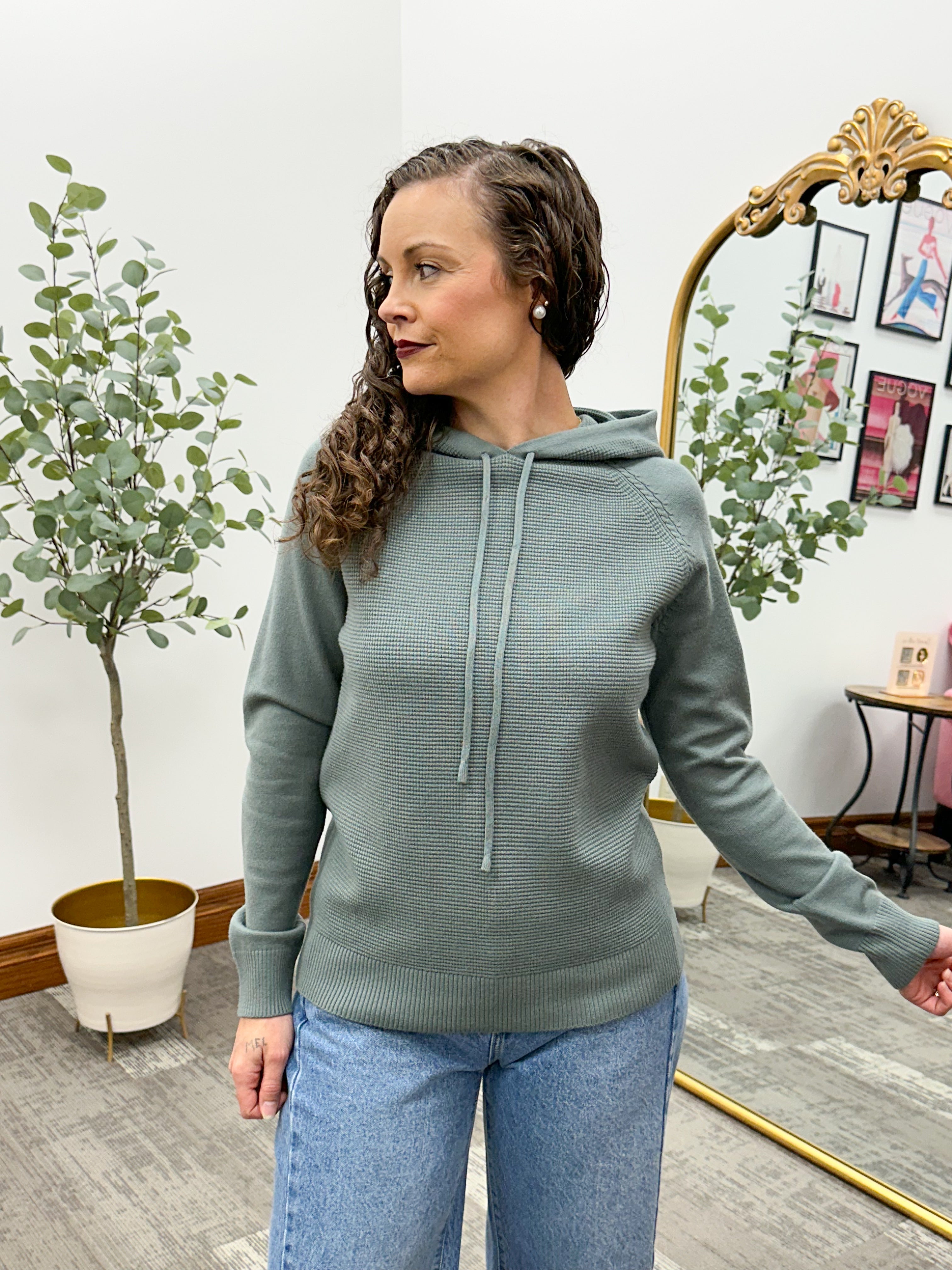 Sage Waffle Textured Hooded Pullover