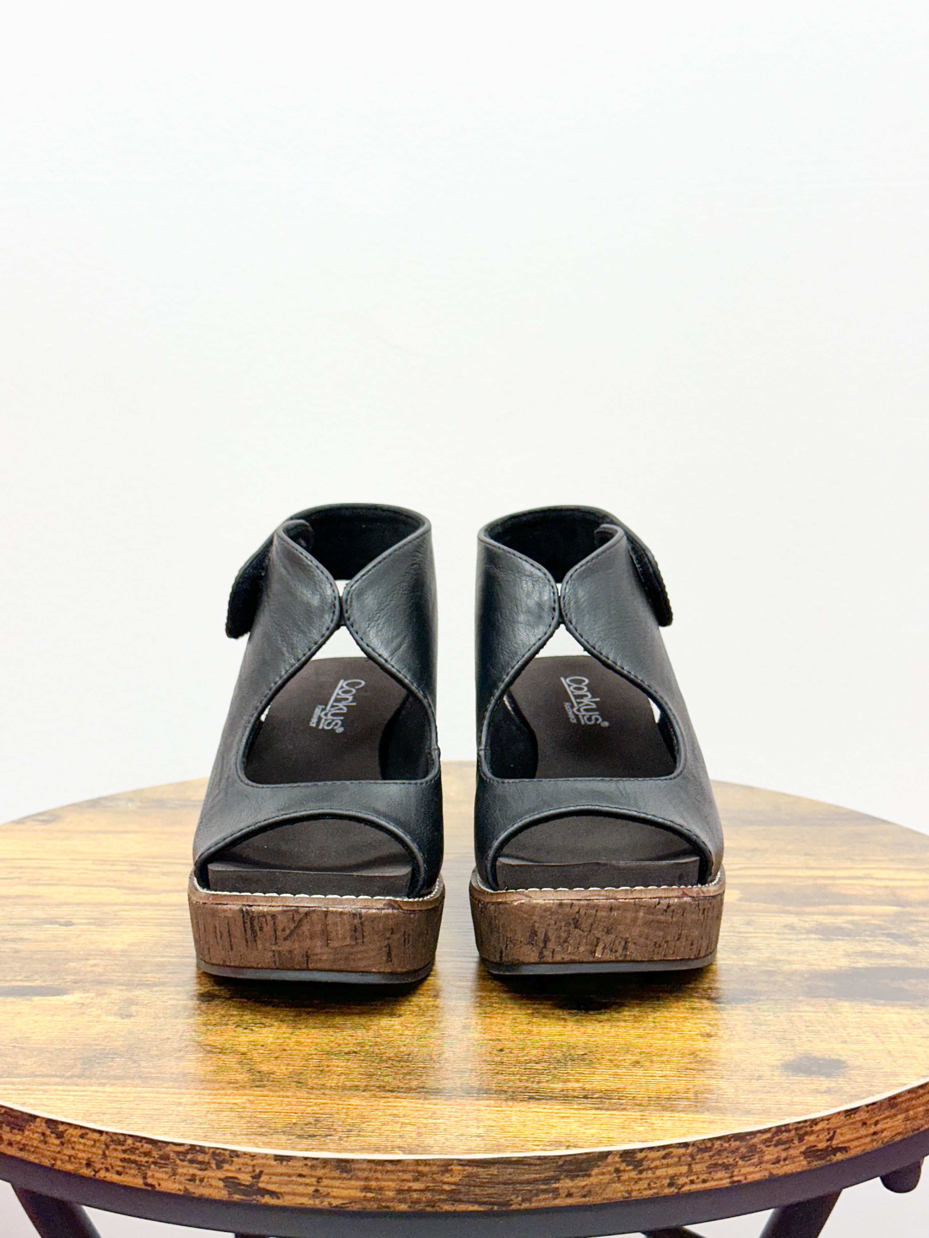 Corkys Let’s Talk About It Black Wedges