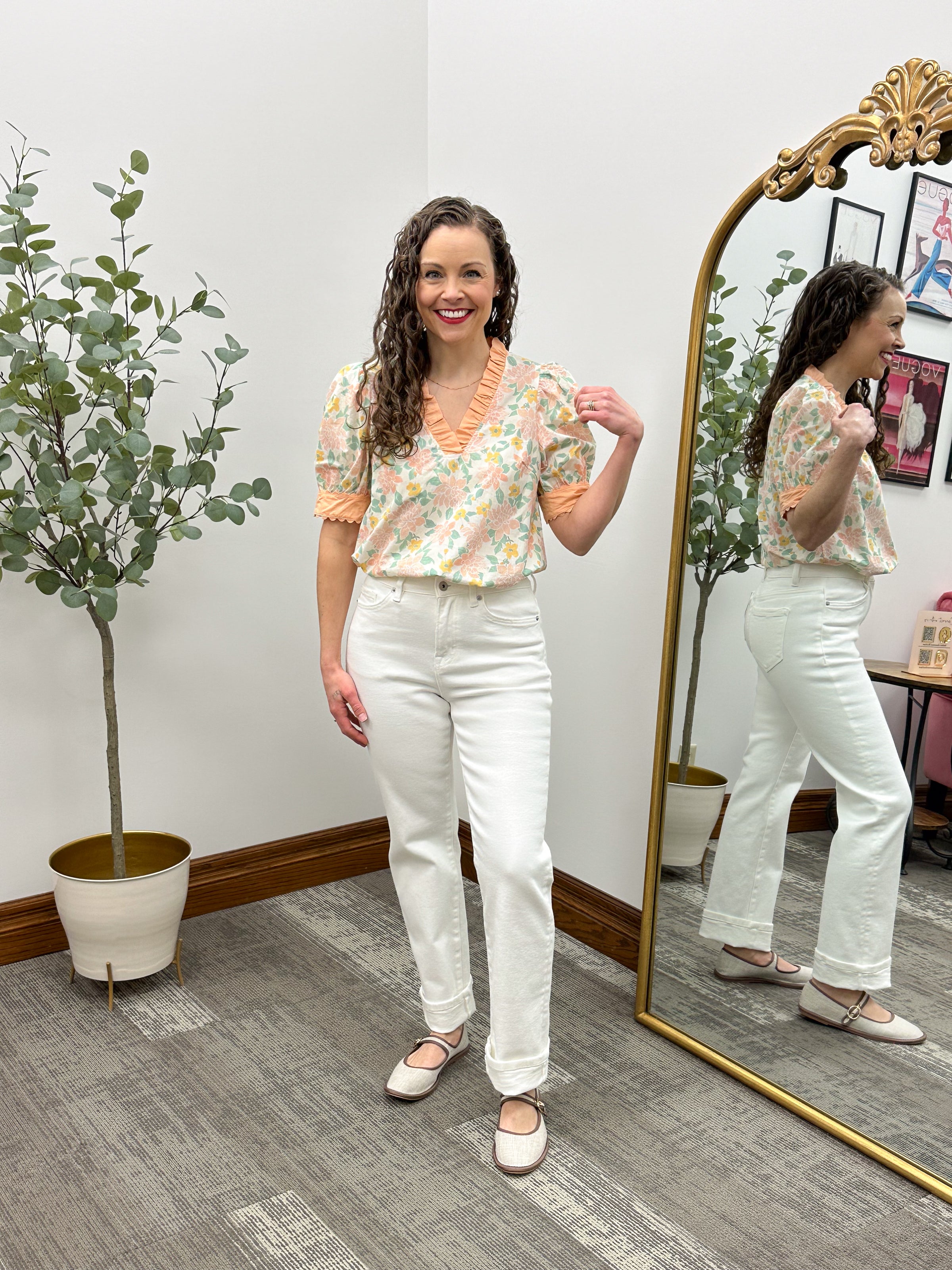Peach Floral Puff Sleeve Blouse