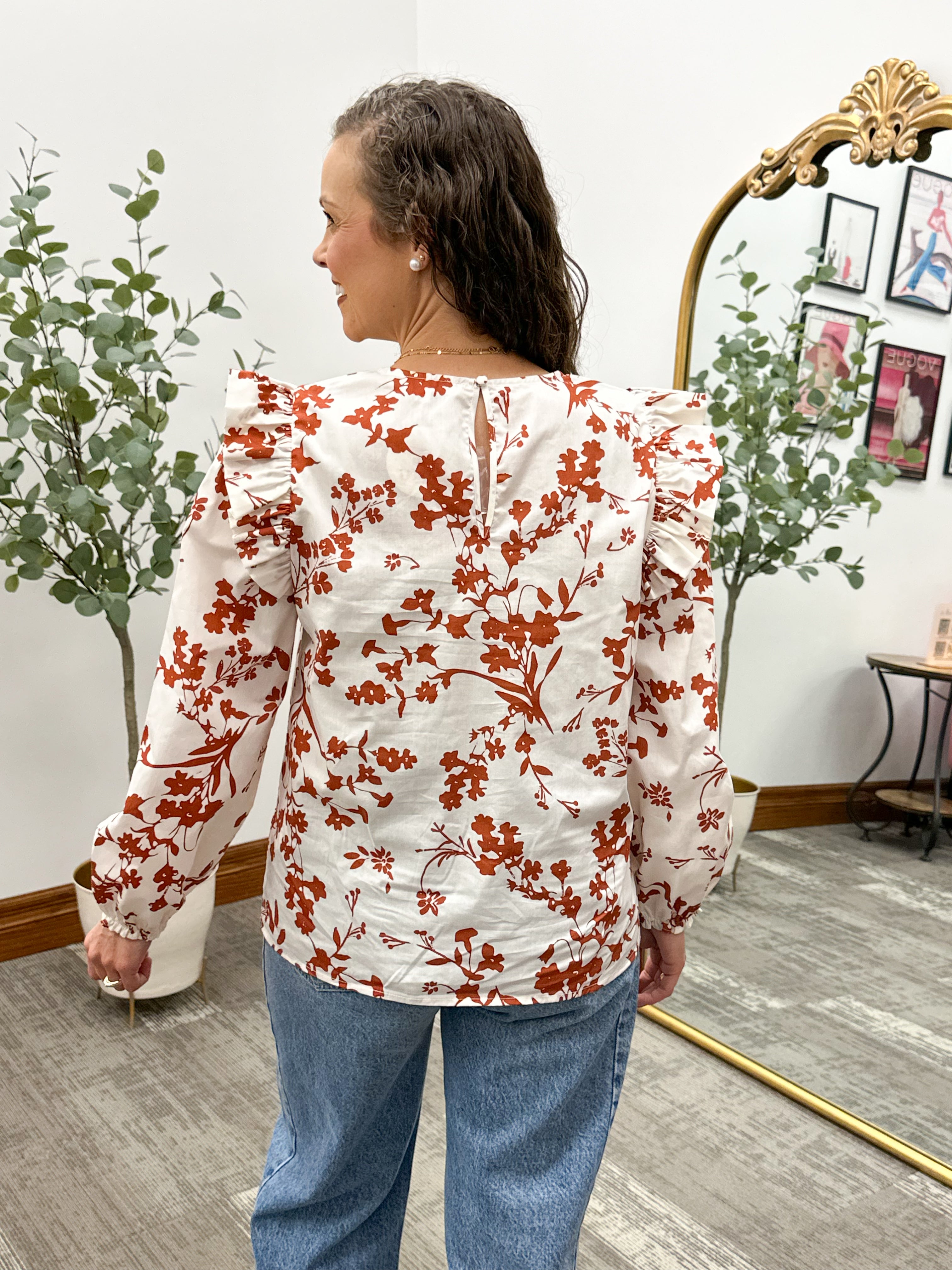 Ivory & Rust Floral Ruffle Blouse
