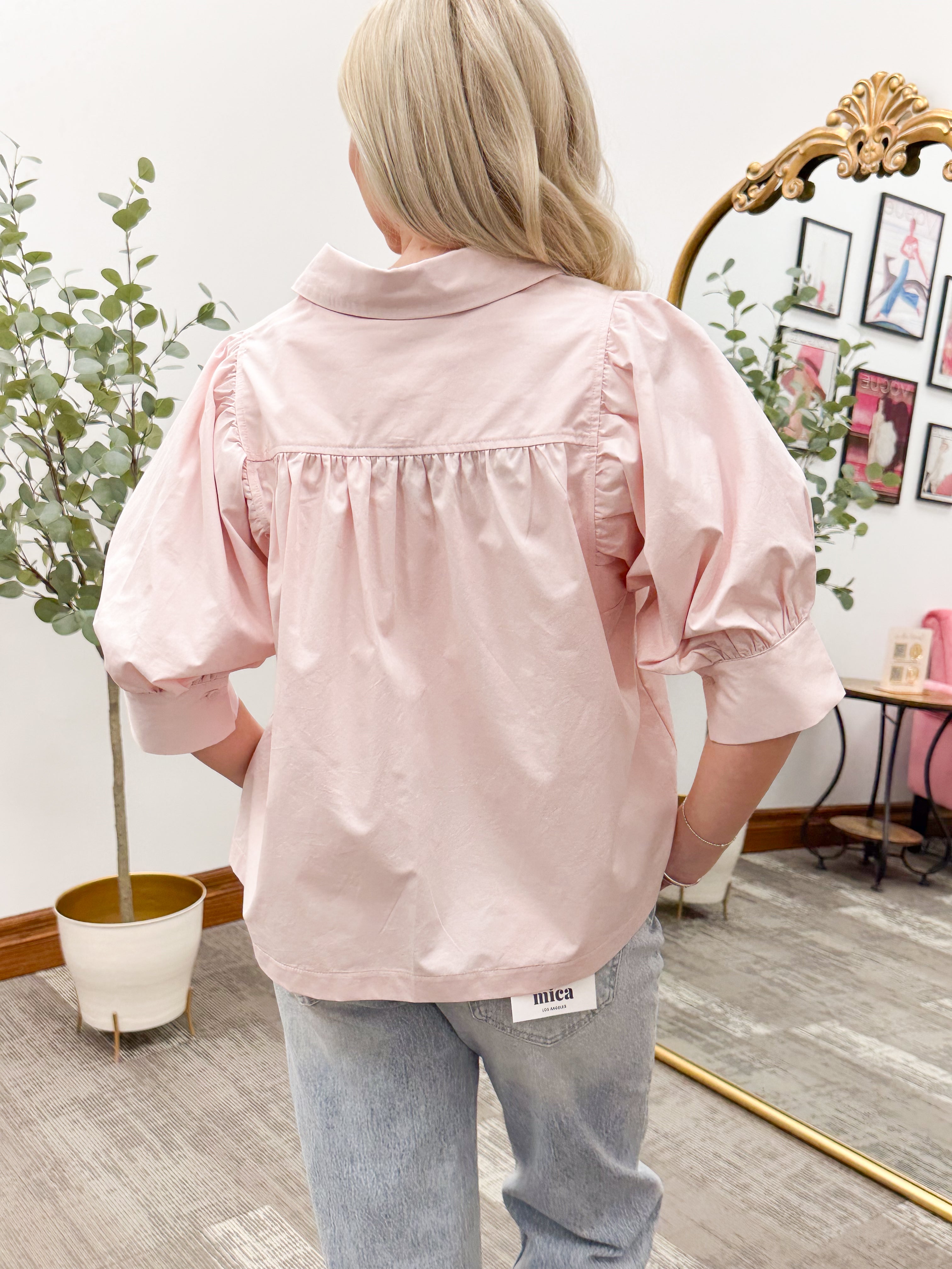 Blush Puff Sleeve Button Blouse