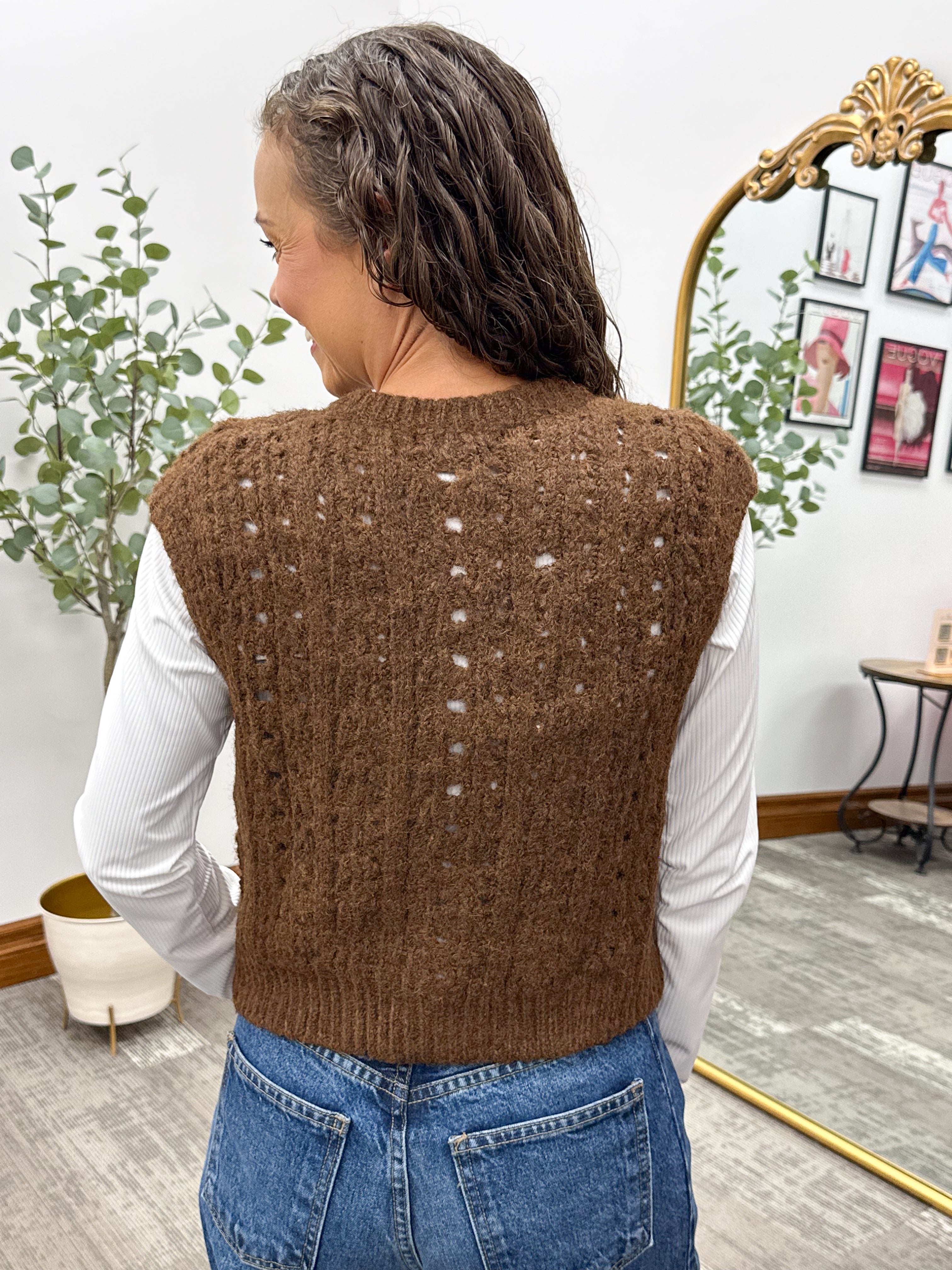 Brown Open Knit Button Front Sweater Vest
