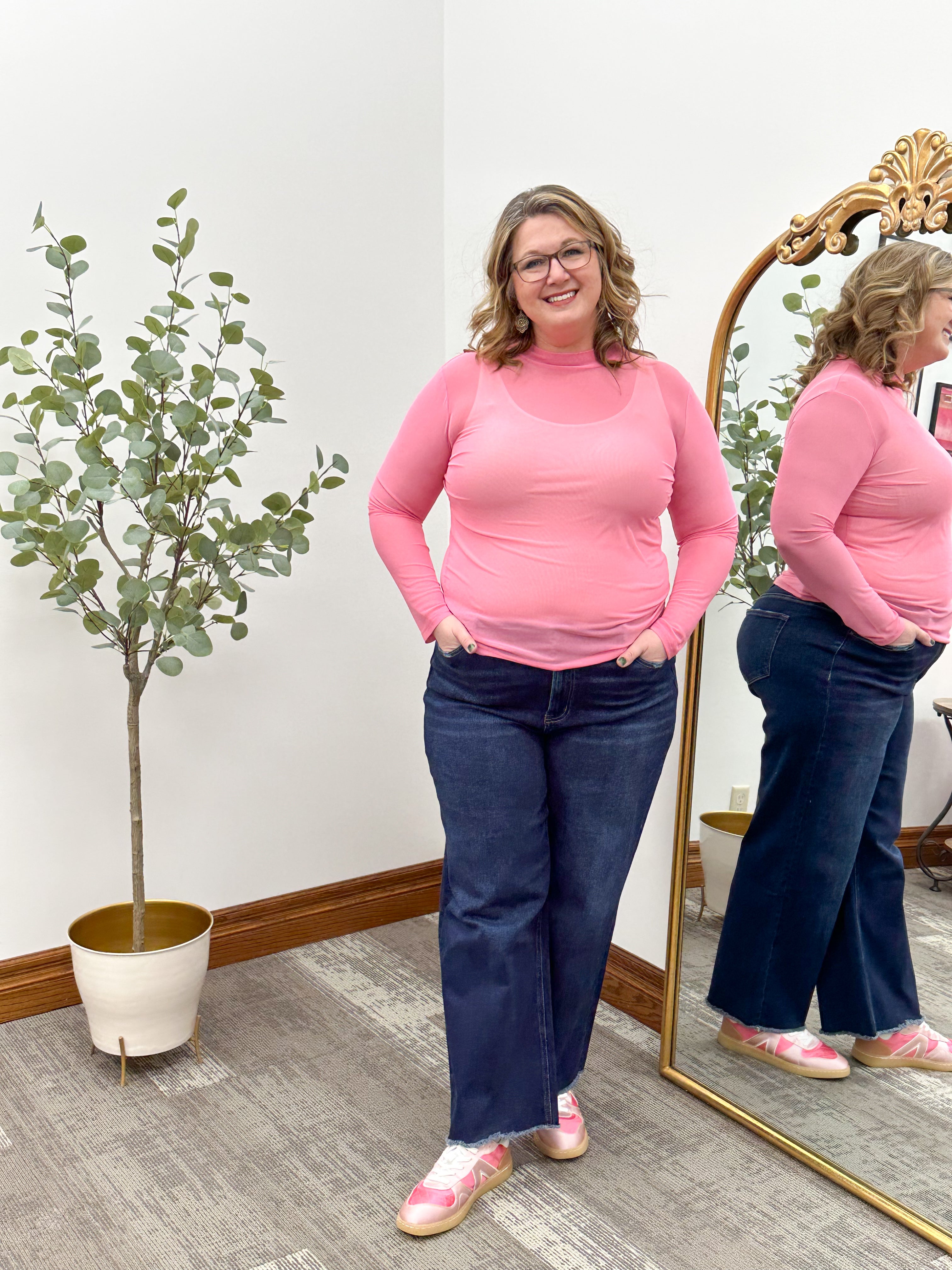 Pink Long Sleeve Mesh Top