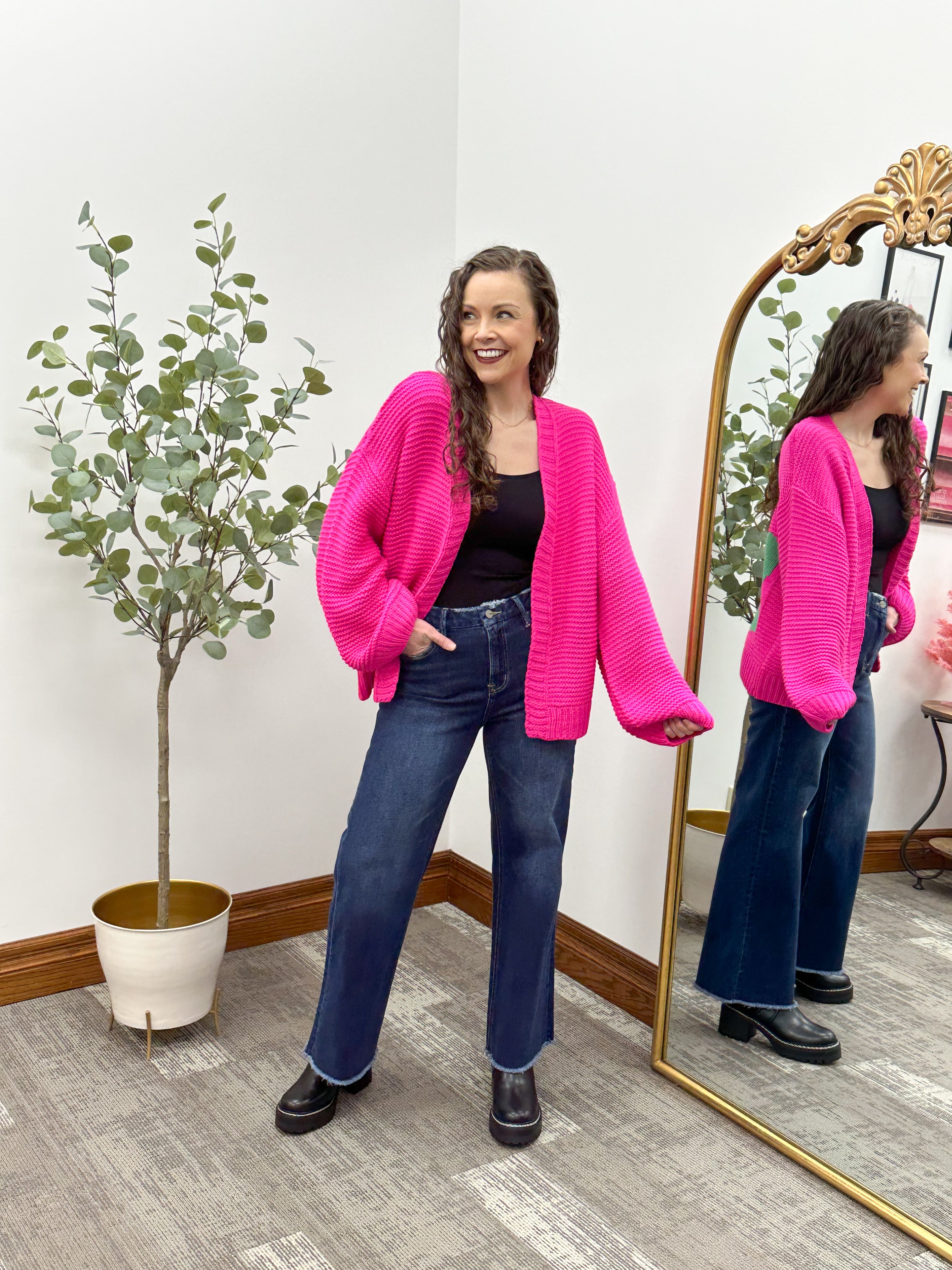 Hot Pink Chunky Knit 'SKI' Cardigan