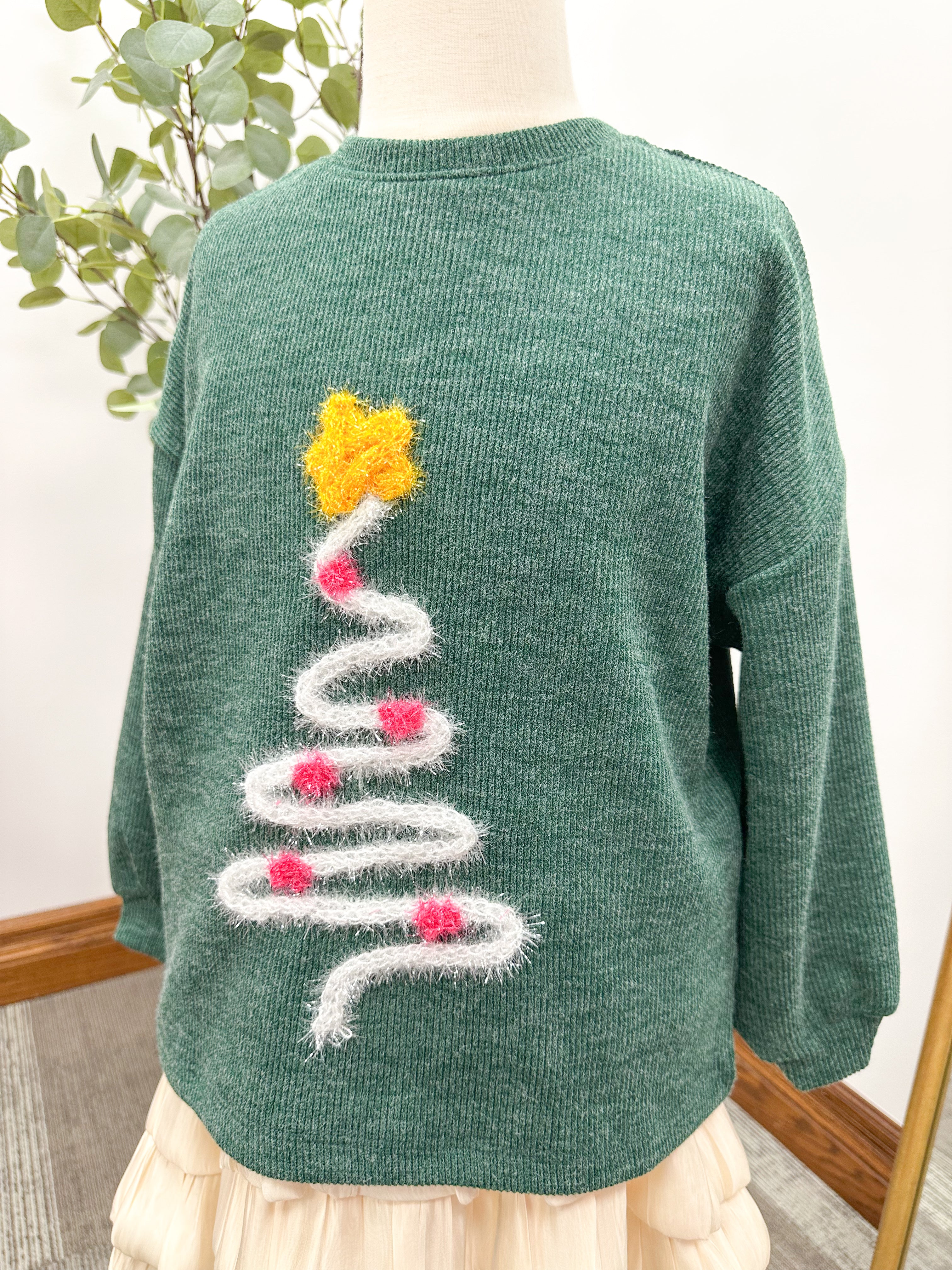 Girls Green Tinsel Christmas Tree Sweater