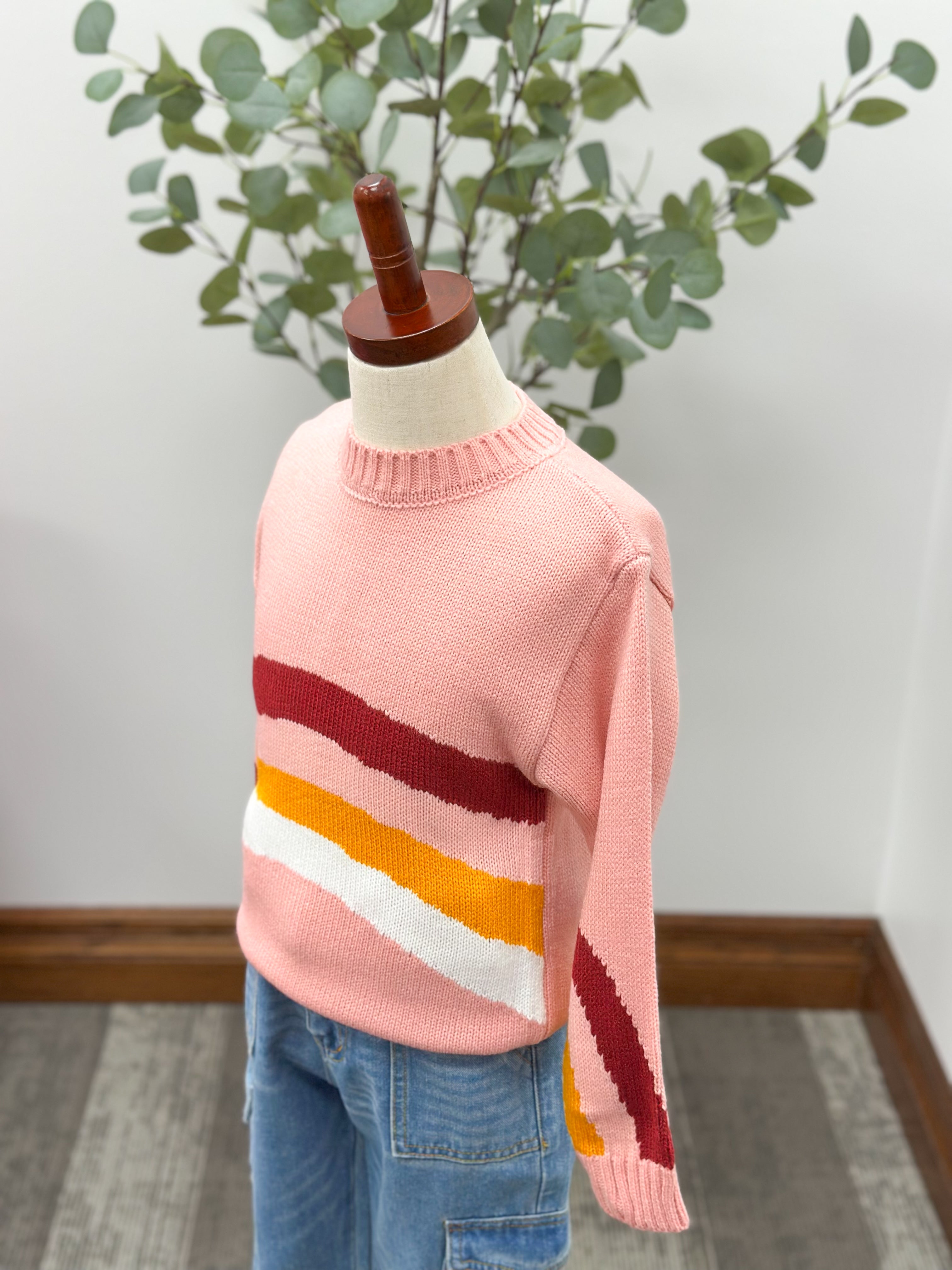 Girls Pink Multi Colored Striped Sweater