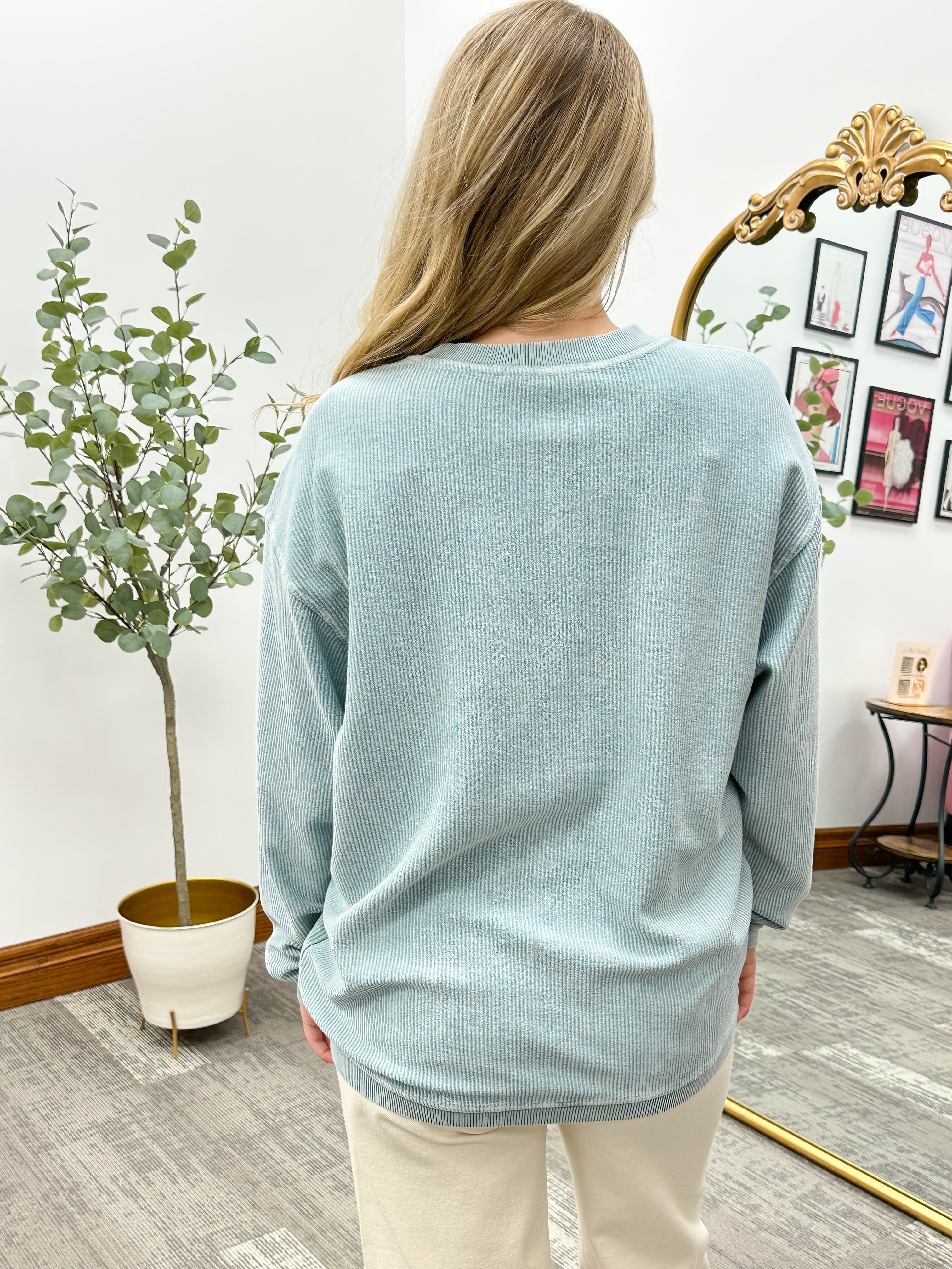 Erika Dusty Teal Corded Crewneck