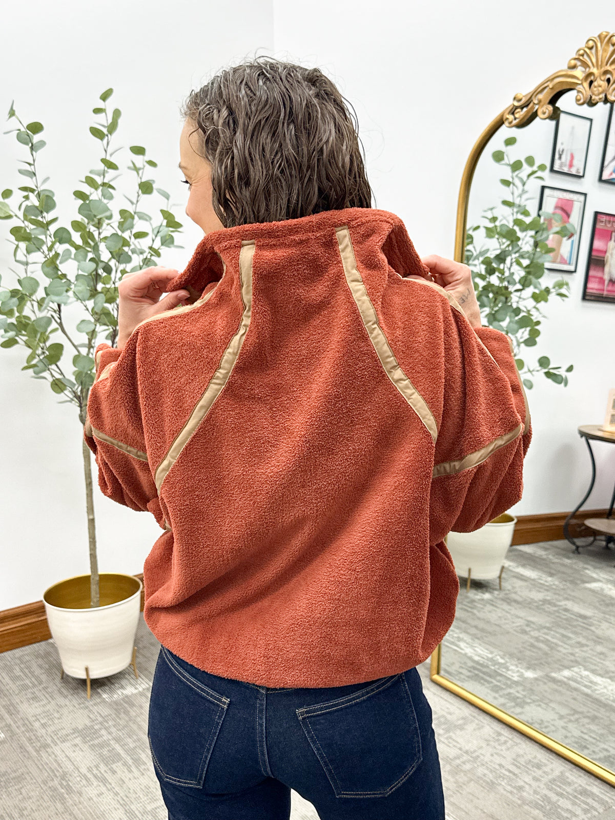 Contrast Trim Sherpa Pullover