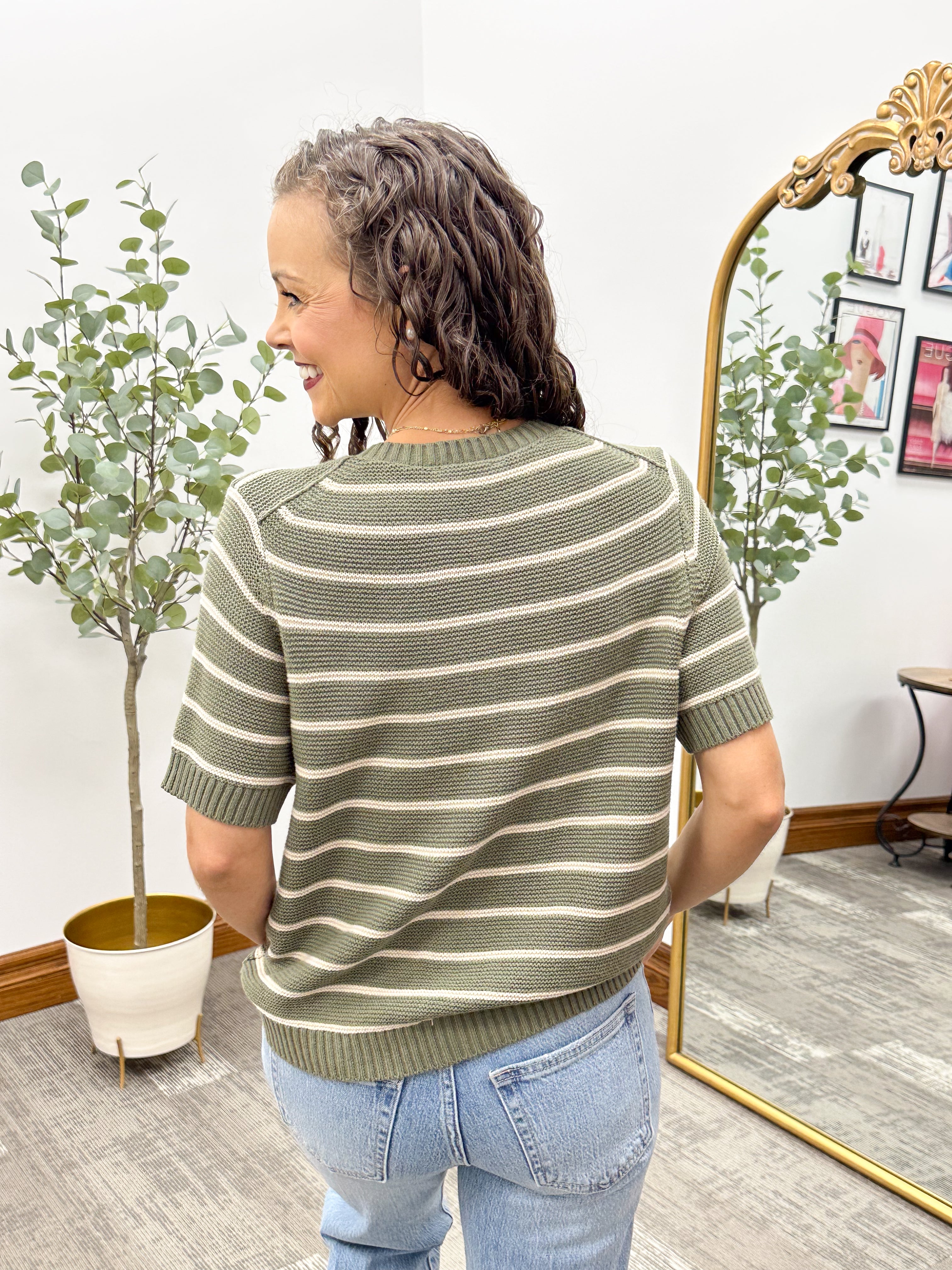 Olive & Beige Striped Short Sleeve Cardigan