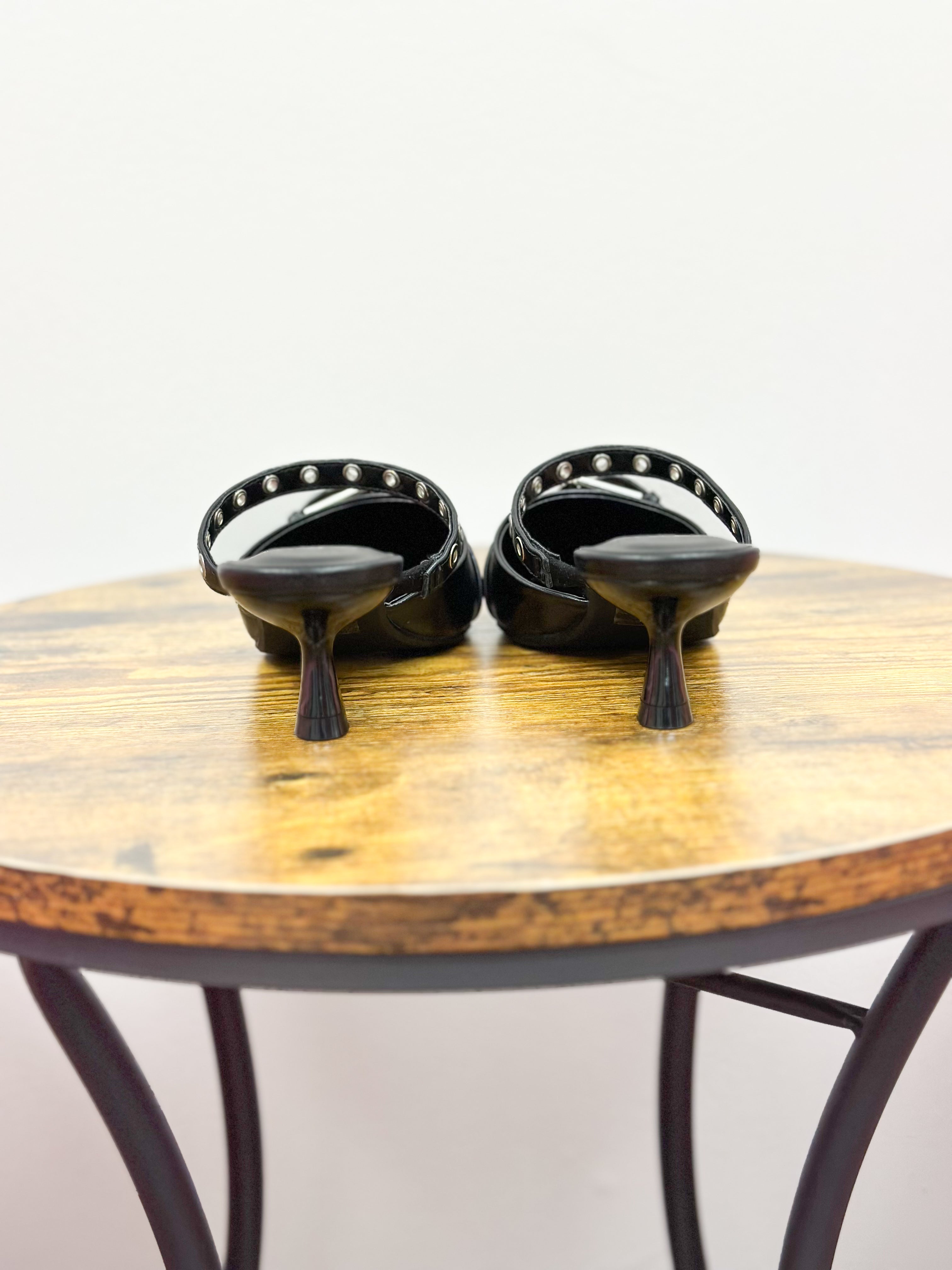Black Pointed Toe Grommet Detail Kitten Heels