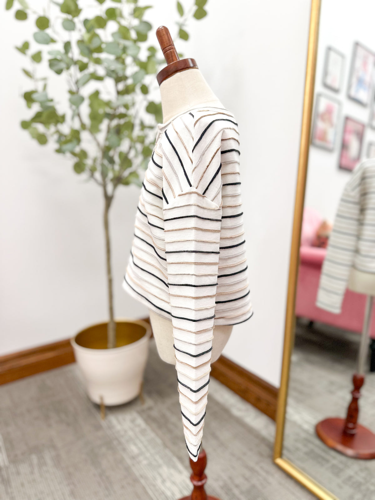 Girls Cream Striped Textured Long Sleeve Top