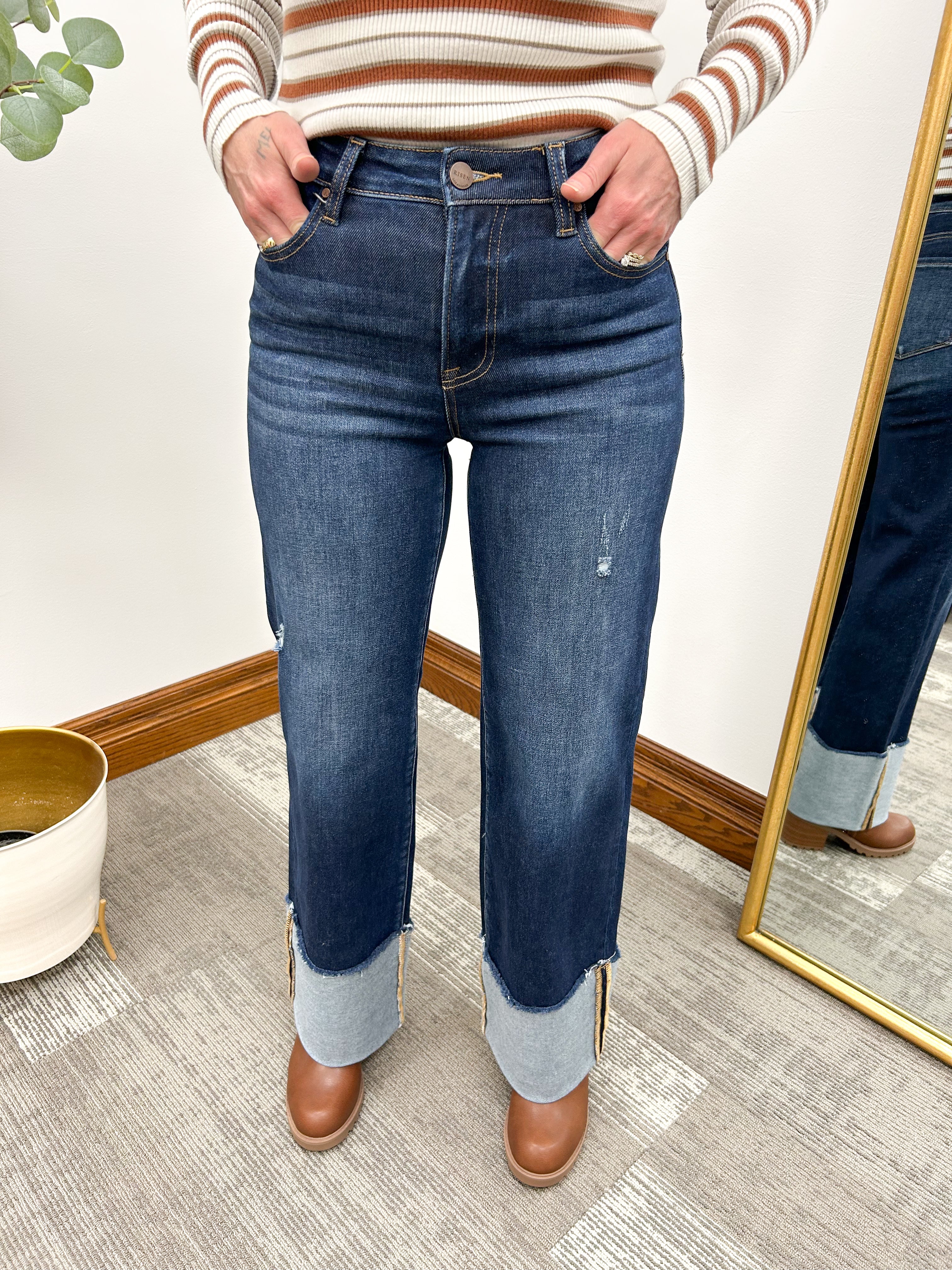 Dark Wash HR Wide Cuff Jeans, Risen Jeans