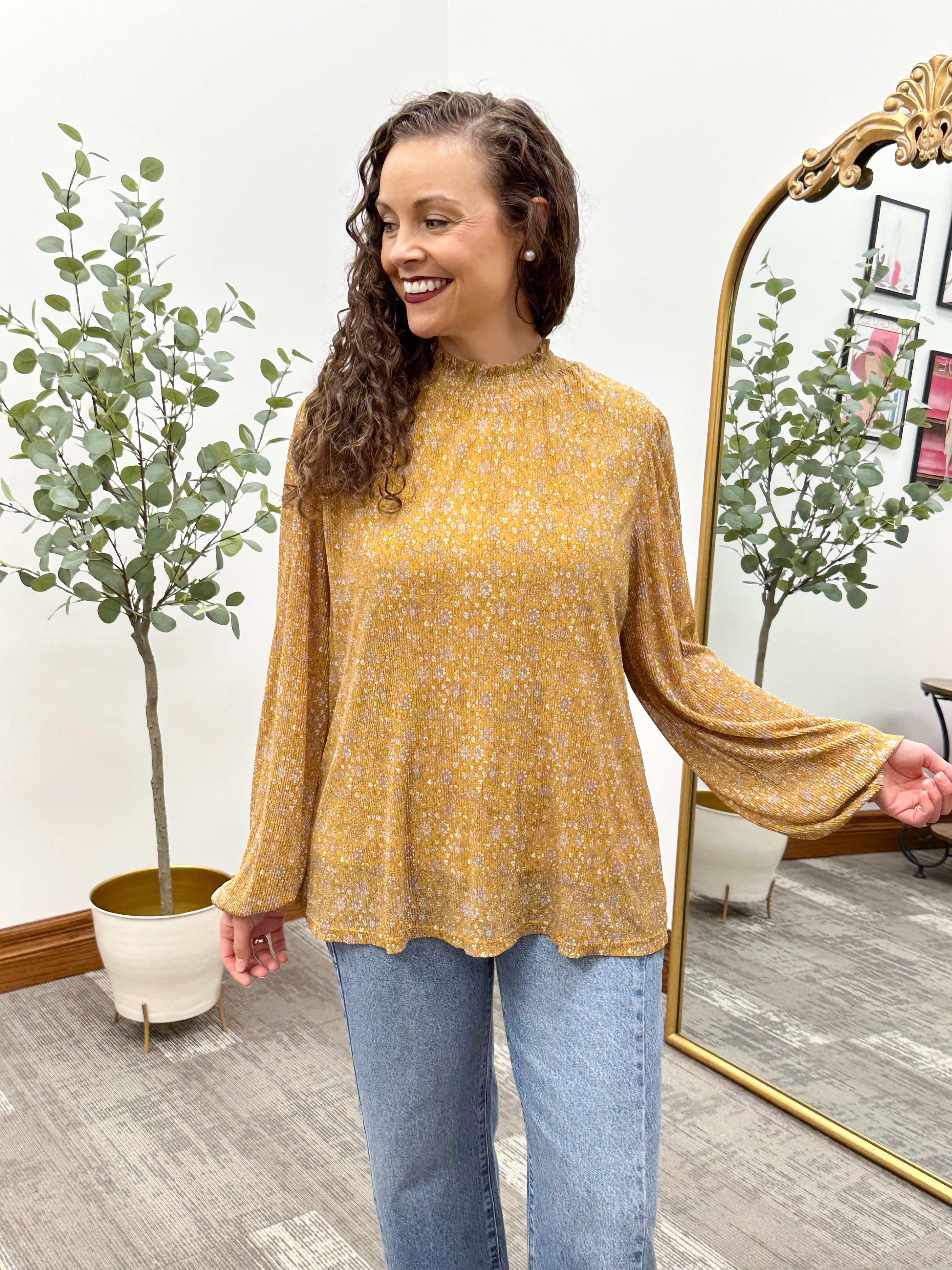 Floral Mustard Pleated Blouse