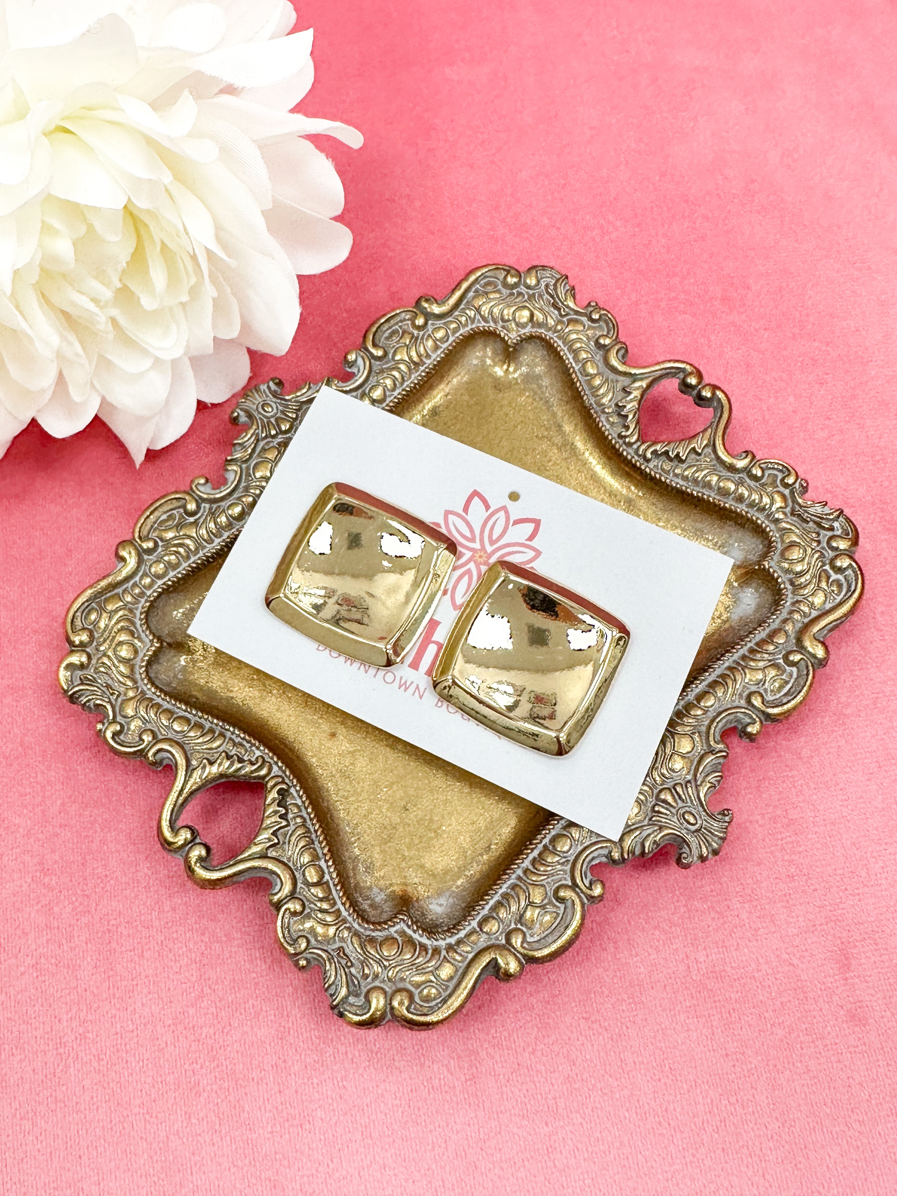 Gold Large Square Stud Earrings
