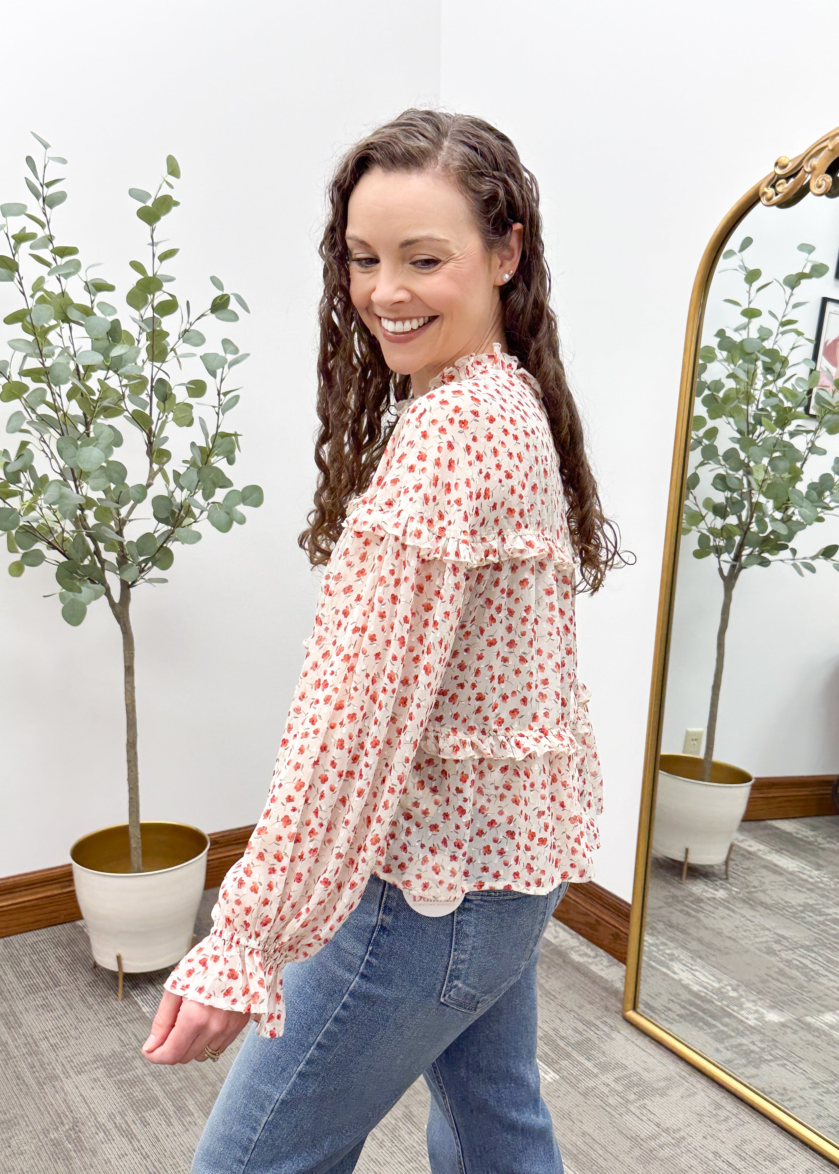 Red Floral Print Chiffon Blouse