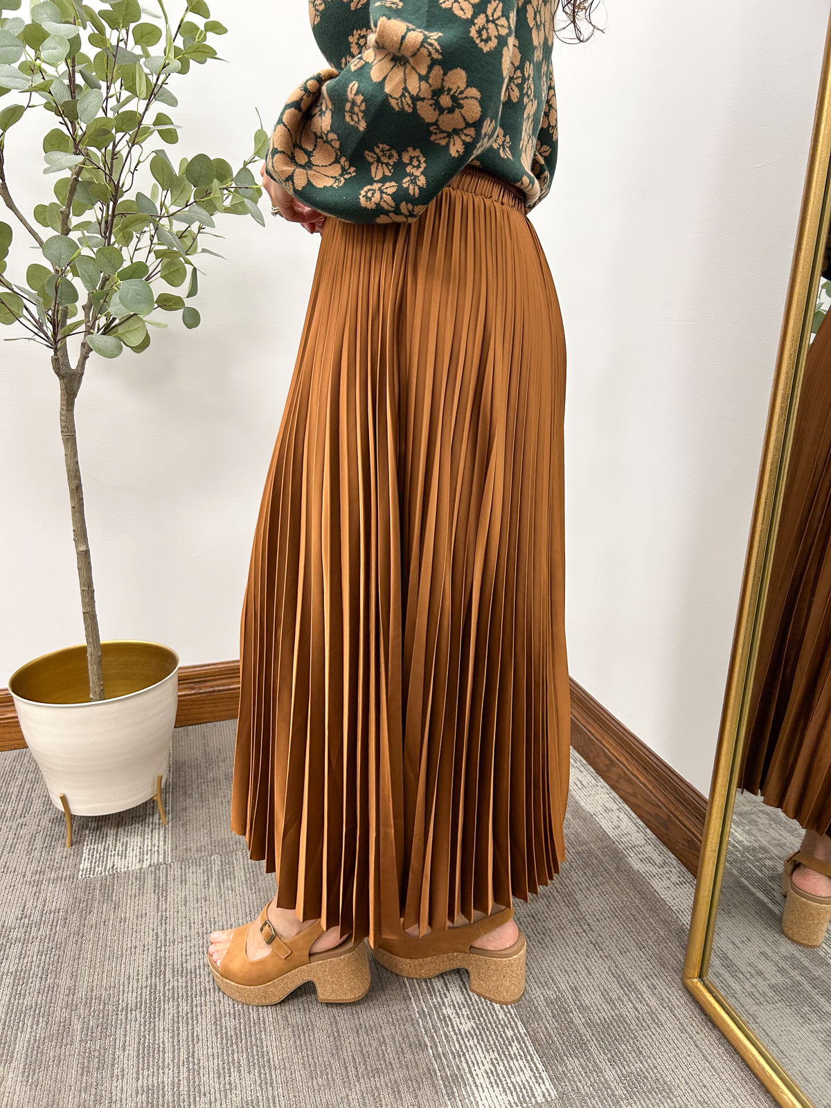 Brown Satin Pleated Midi Skirt