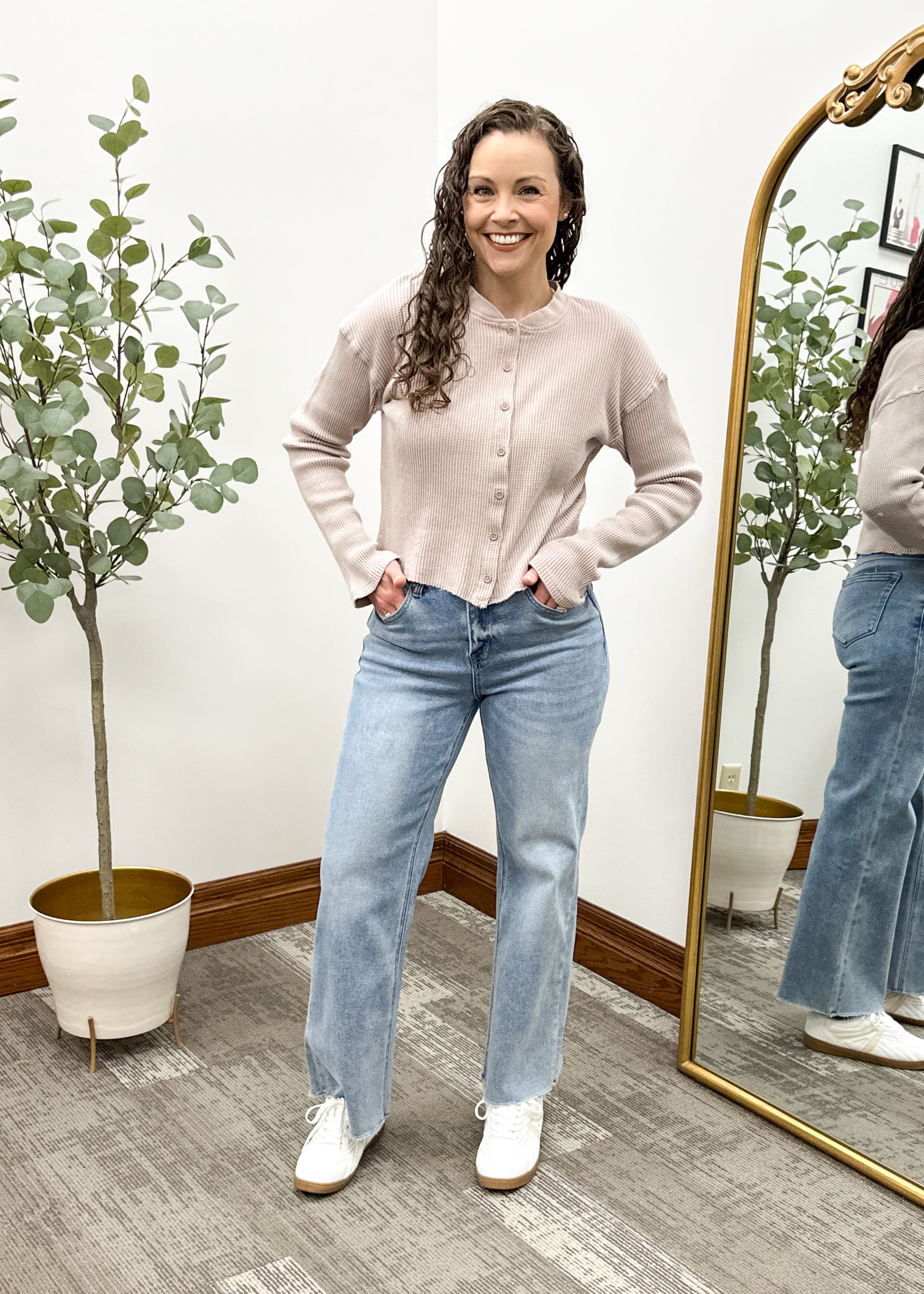 Cropped Waffle Knit Button Up Top