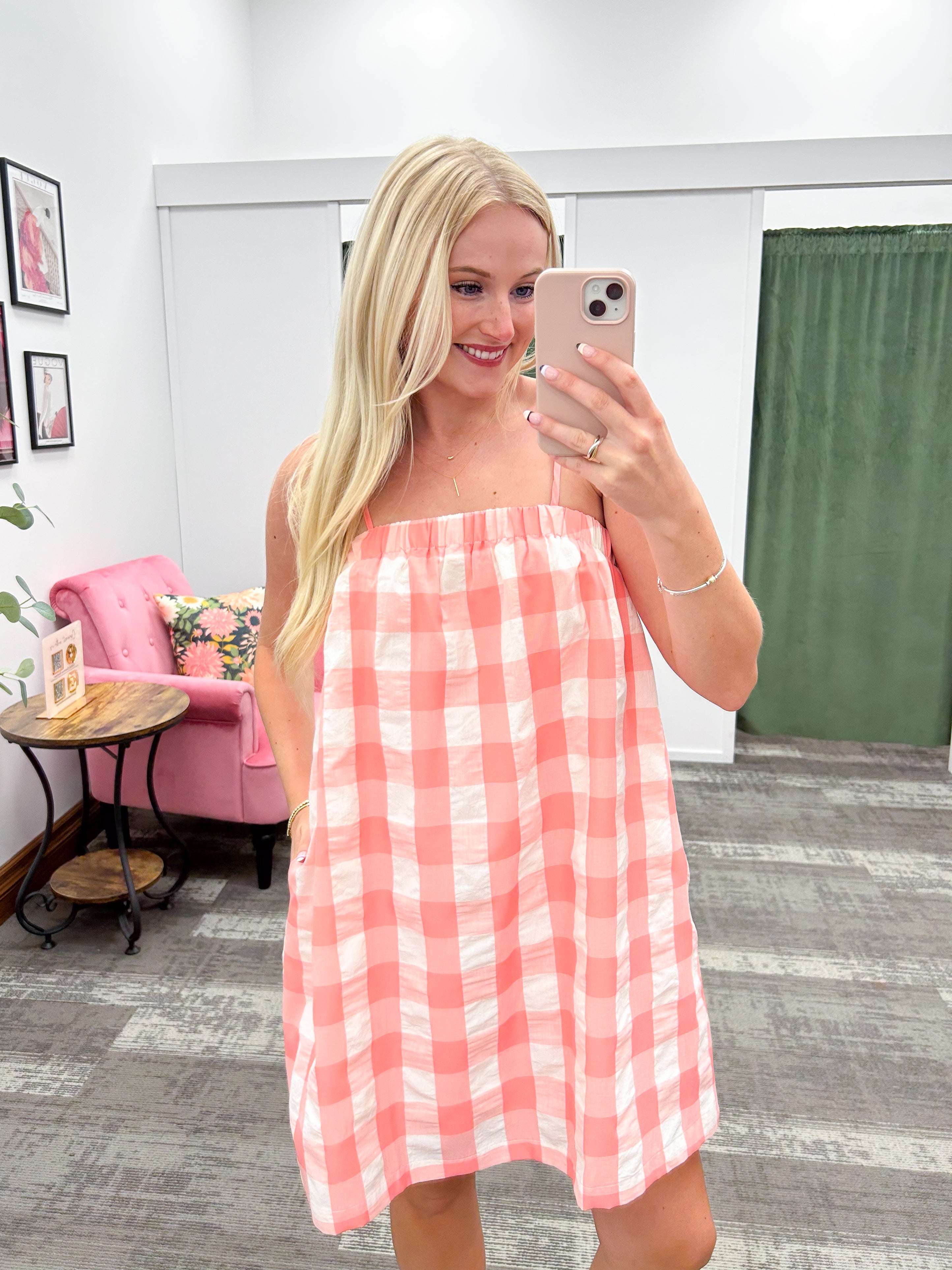 Coral Plaid Spaghetti Strap Mini Dress