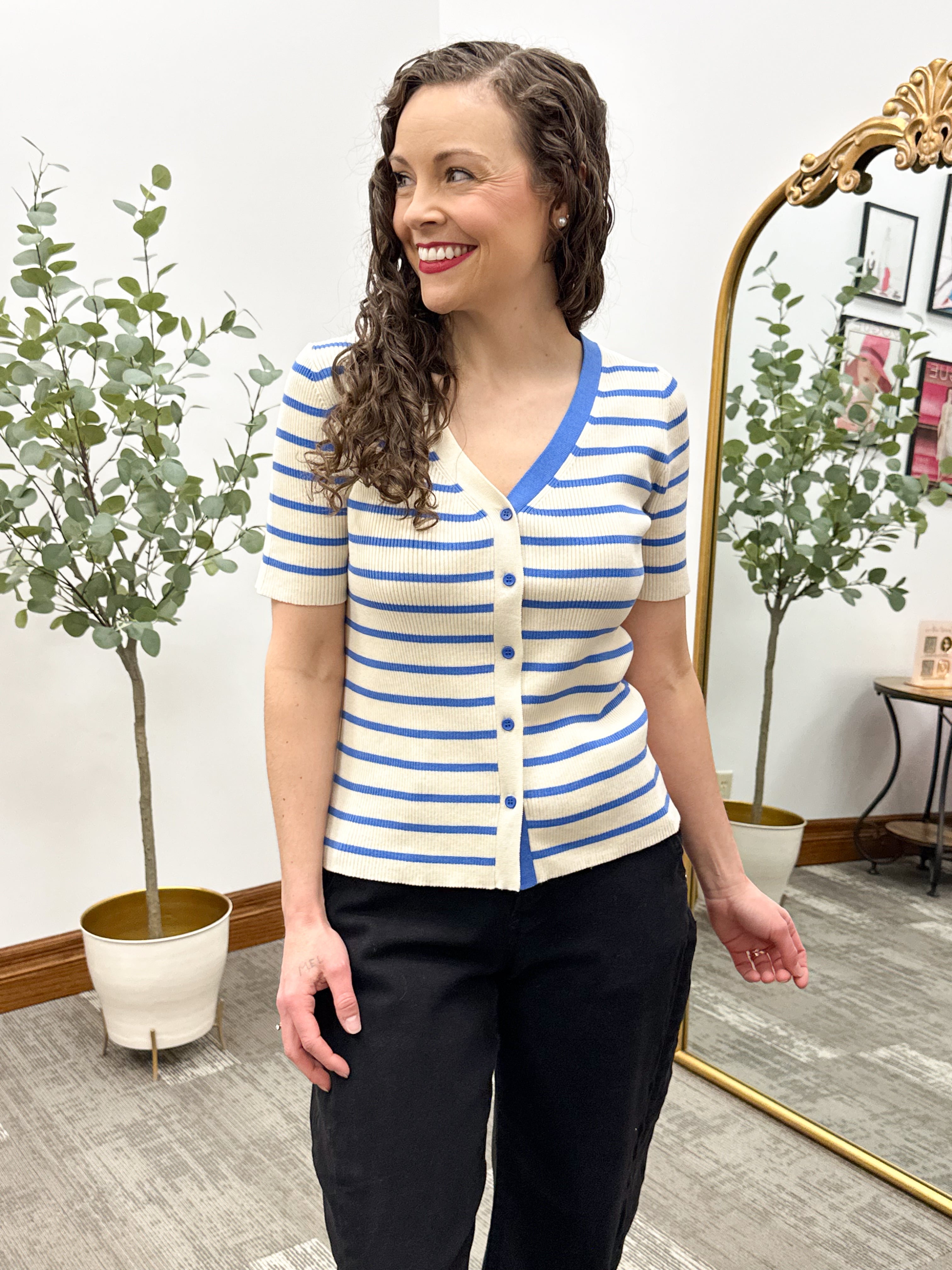 Blue & Cream Striped Short Sleeve Cardigan