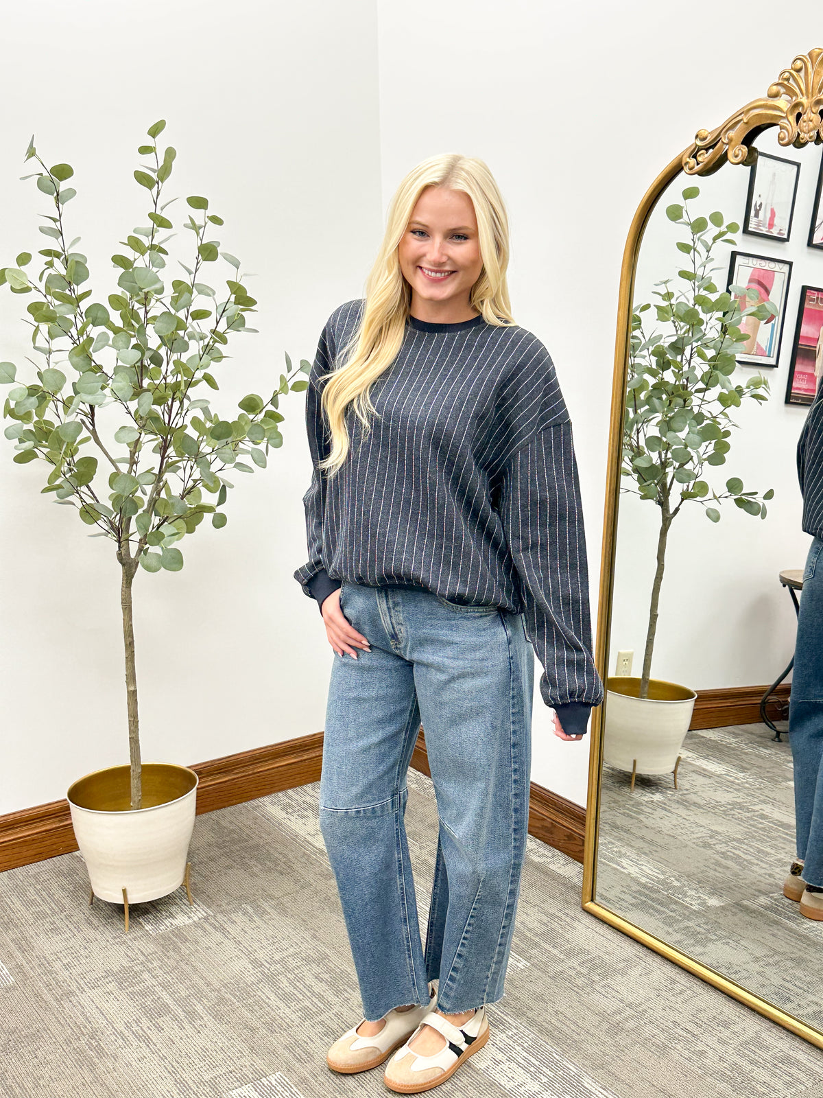 Striped Fleece Crew Neck Sweatshirt