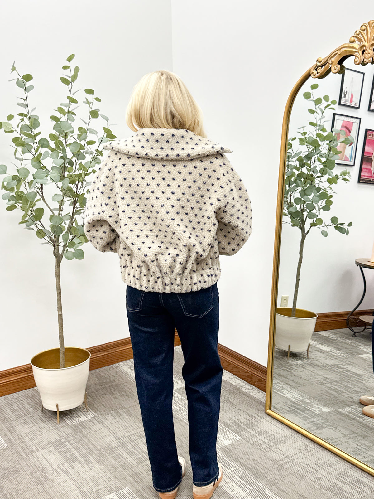 Navy Heart Print Sherpa Zip Up Jacket