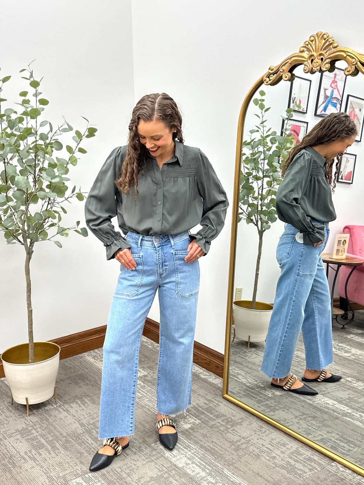 Smocked Button Up Tencel Top