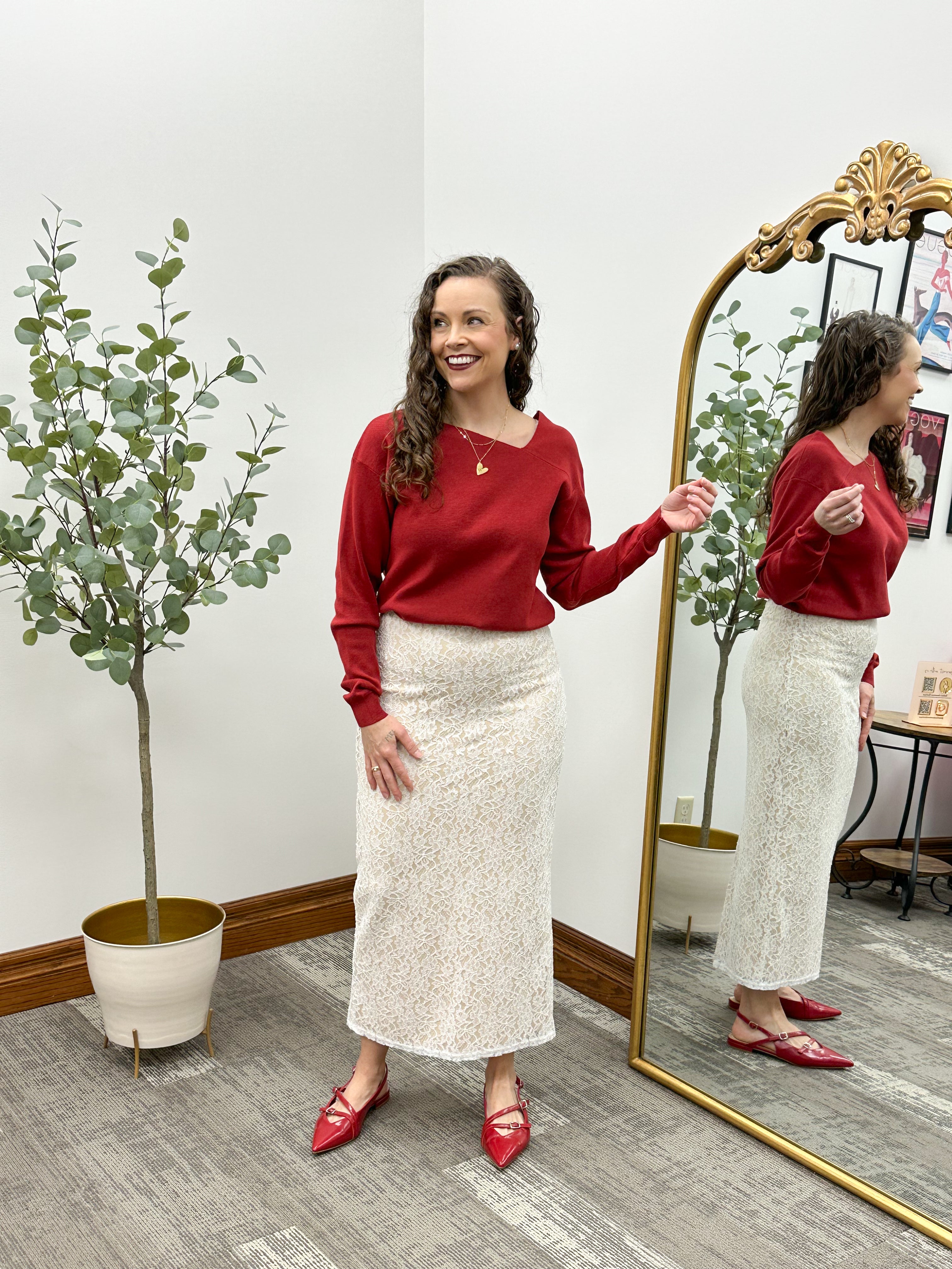 Red Asymmetric Neckline Sweater