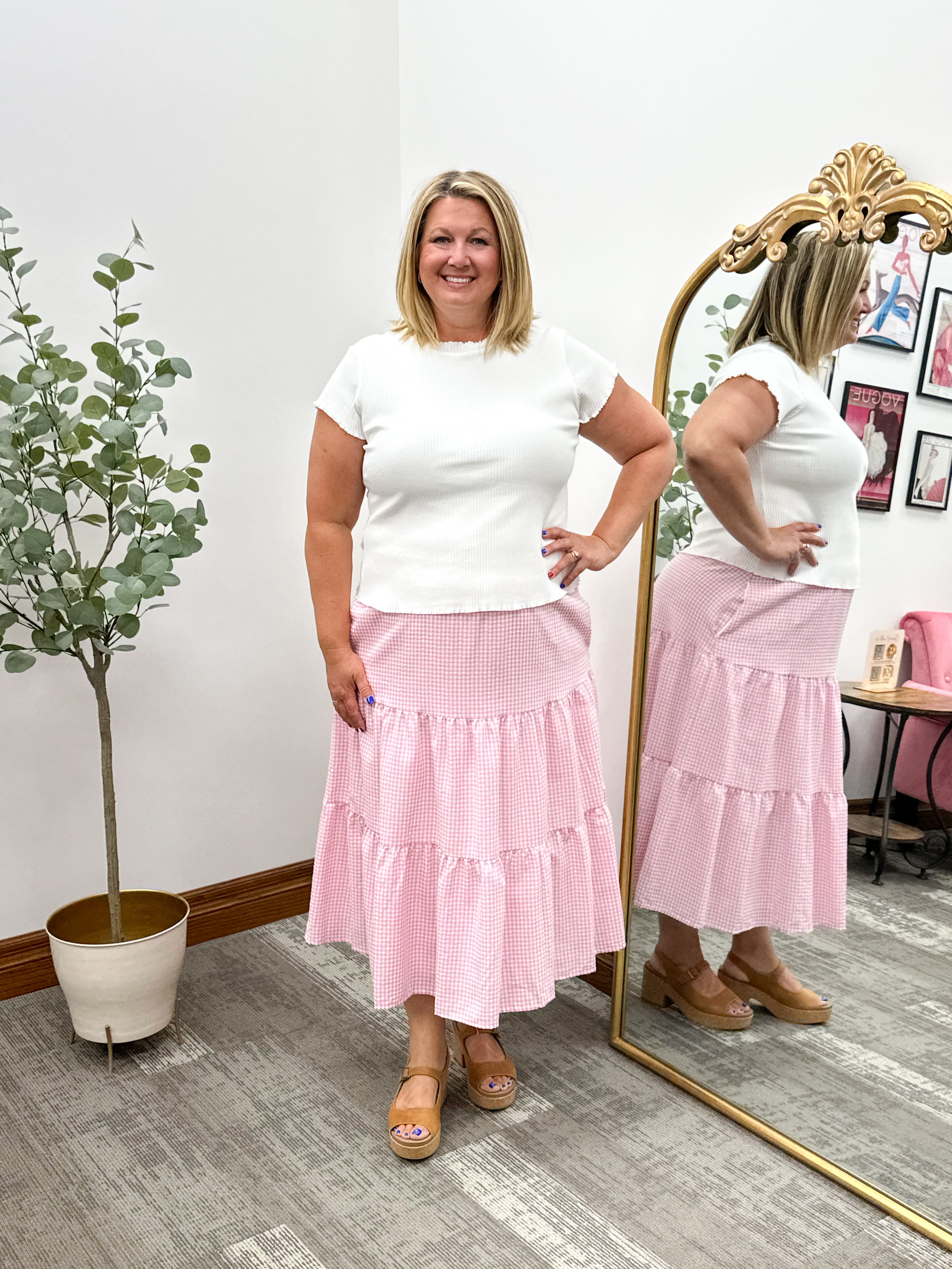 Pink Gingham Seersucker Midi Skirt